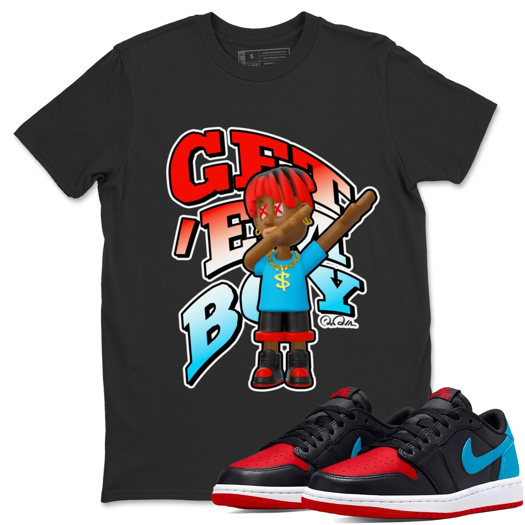 Air Jordan 1 UNC to Chicago Sneaker Match Tees Get'em Boy Streetwear Sneaker Shirt AJ1 UNC to Chicago Sneaker Release Tees Unisex Shirts Black 1