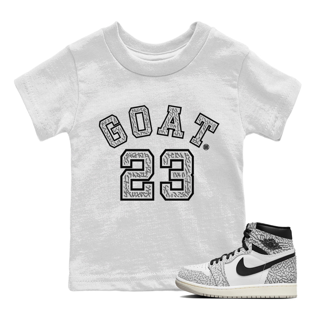Jordan 1 White Cement Sneaker Matching T-Shirt Goat 23 Sneaker Tees Jordan 1 White Cement Sneaker Release Tees Kids Shirts