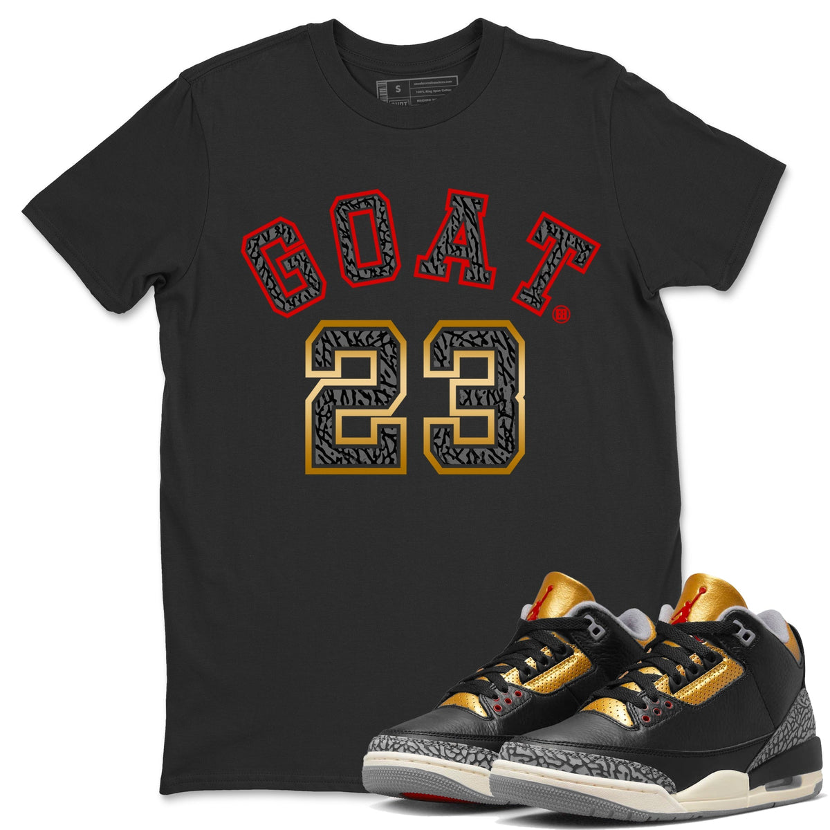 Jordan 3 Black Gold Sneaker Matching T-Shirt Goat 23 Sneaker Tees Jordan 3 Black Gold Sneaker Release Tees Crew Neck Tees