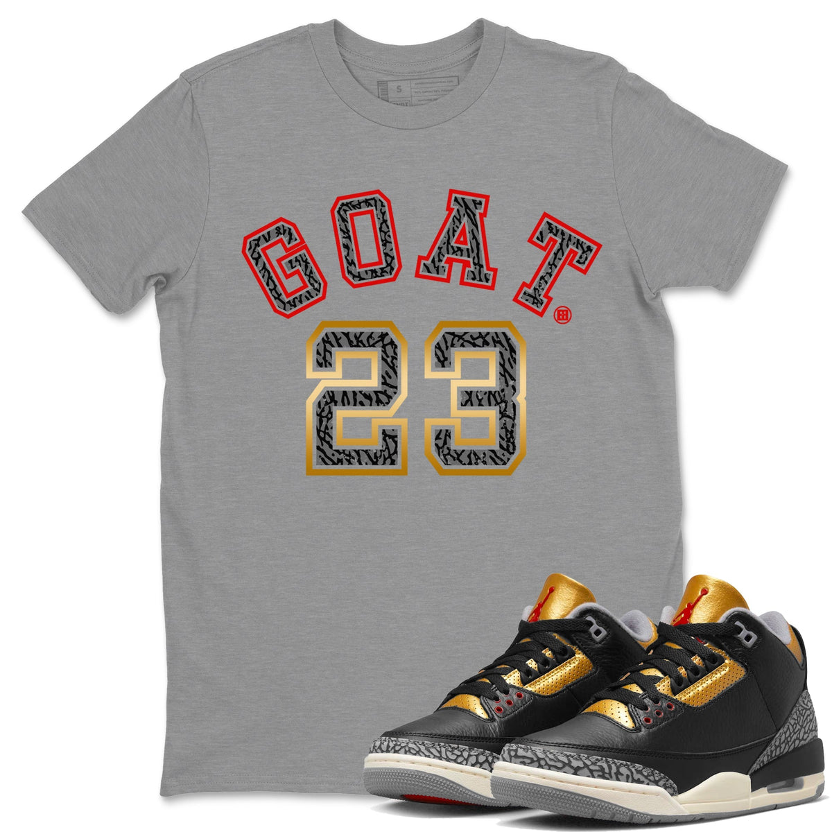 Jordan 3 Black Gold Sneaker Matching T-Shirt Goat 23 Sneaker Tees Jordan 3 Black Gold Sneaker Release Tees Crew Neck Tees