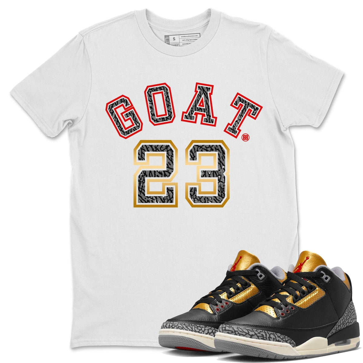 Jordan 3 Black Gold Sneaker Matching T-Shirt Goat 23 Sneaker Tees Jordan 3 Black Gold Sneaker Release Tees Crew Neck Tees
