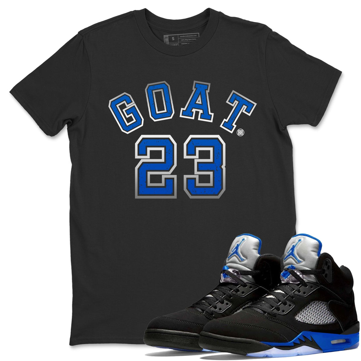 Jordan 5 Racer Blue Sneaker Matching T-Shirt Goat 23 Sneaker Tees Jordan 5 Racer Blue Sneaker Release Tees Crew Neck Tees