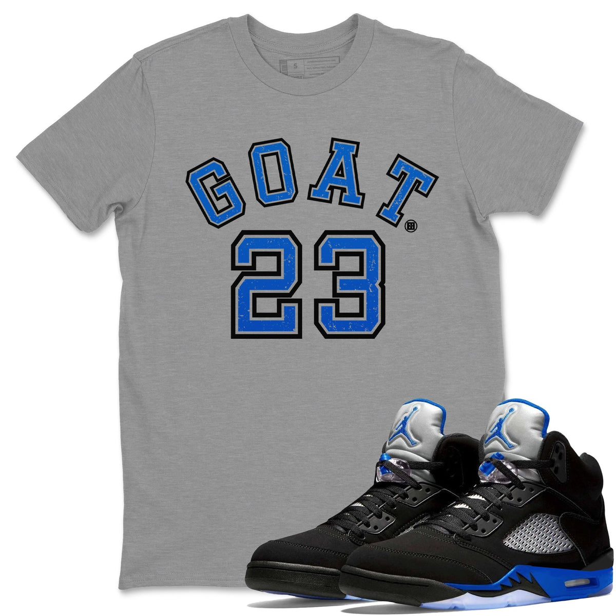 Jordan 5 Racer Blue Sneaker Matching T-Shirt Goat 23 Sneaker Tees Jordan 5 Racer Blue Sneaker Release Tees Crew Neck Tees
