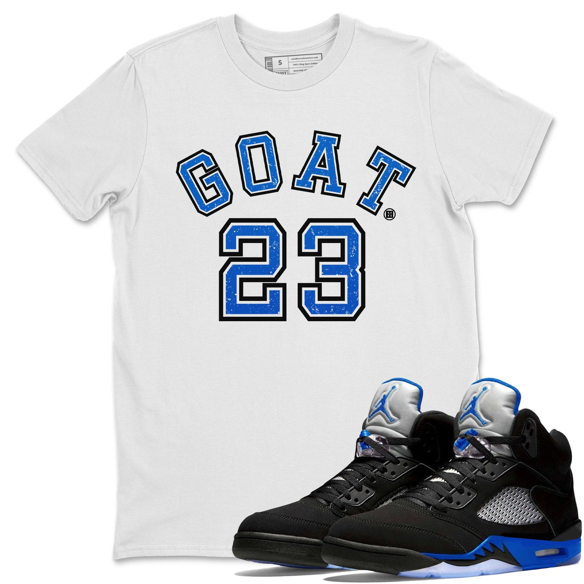 Jordan 5 Racer Blue Sneaker Matching T-Shirt Goat 23 Sneaker Tees Jordan 5 Racer Blue Sneaker Release Tees Crew Neck Tees
