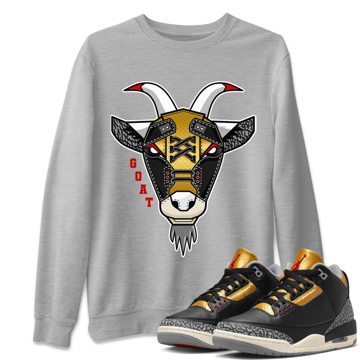 Jordan 3 Black Gold Sneaker Matching T-Shirt Goat Face Sneaker Tees Jordan 3 Black Gold Sneaker Release Tees Crew Neck Tees