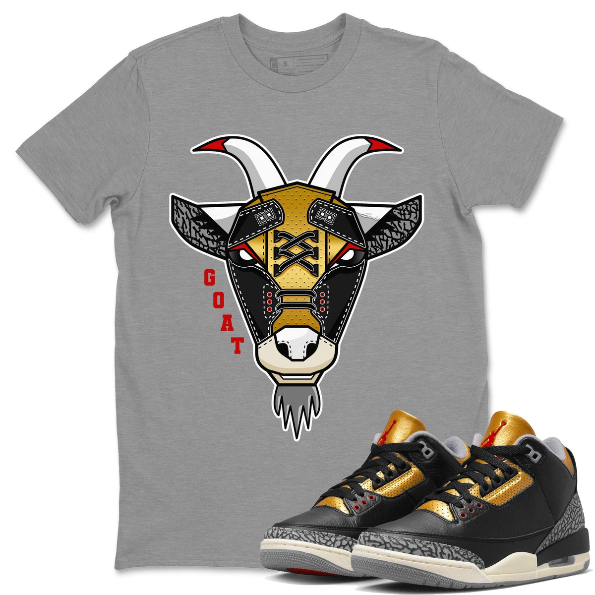 Jordan 3 Black Gold Sneaker Matching T-Shirt Goat Face Sneaker Tees Jordan 3 Black Gold Sneaker Release Tees Crew Neck Tees