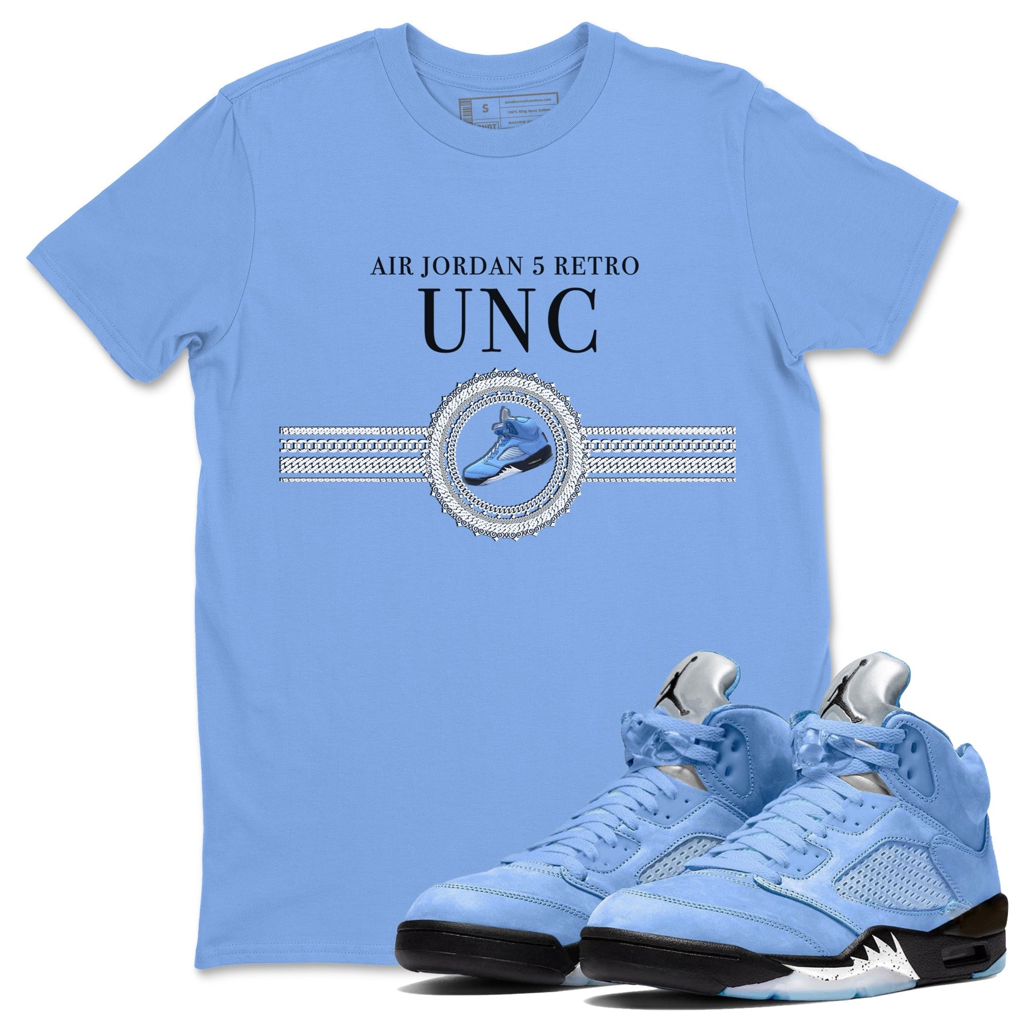 Air Jordan 5 UNC Gold Chain Crew Neck Sneaker Tees Air Jordan 5 Retro UNC Sneaker T-Shirts Washing and Care Tip