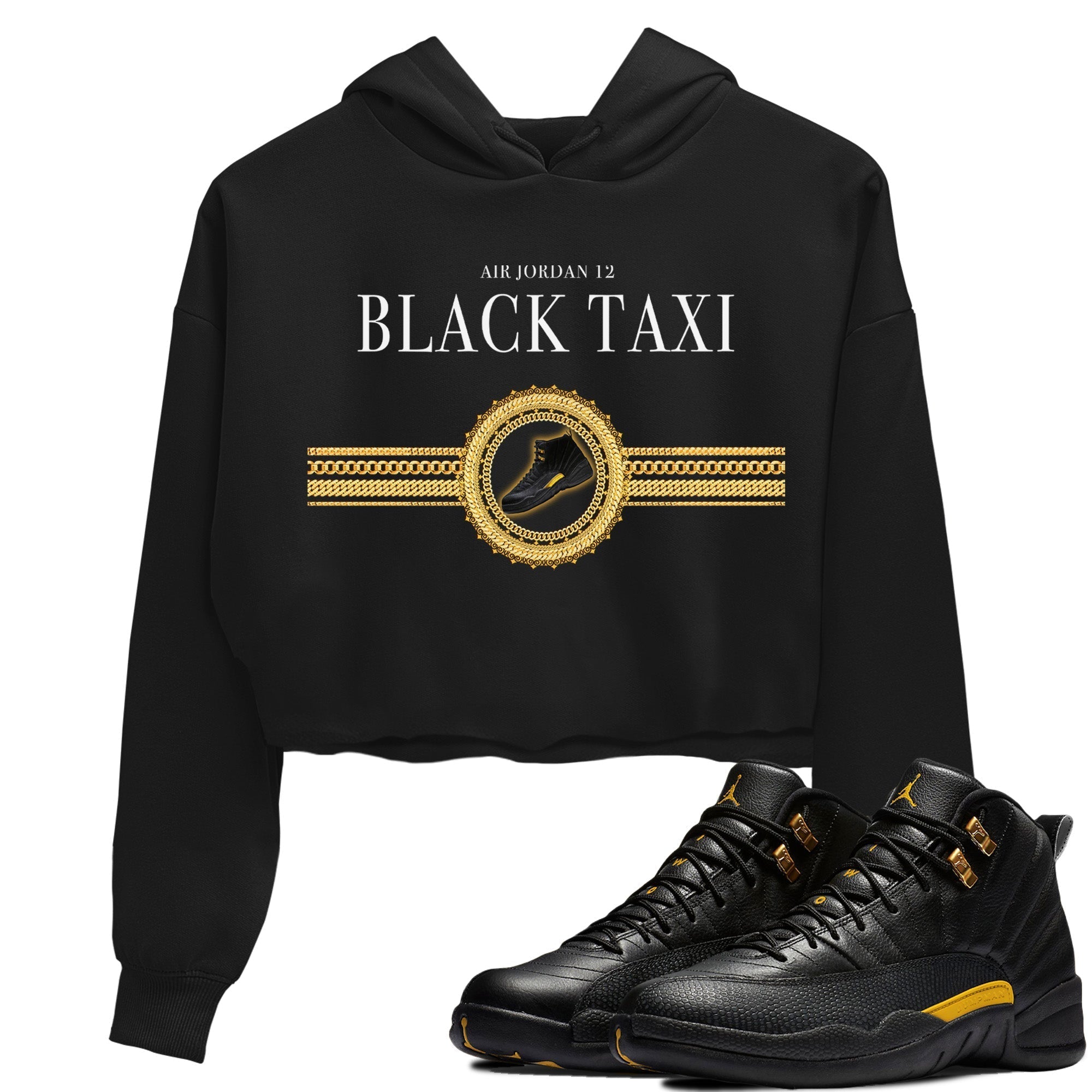 Jordan 12 Black Taxi Sneaker Matching T-Shirt Gold Chains Sneaker Tees Jordan 12 Black Taxi Sneaker Release Tees Women's Shirts