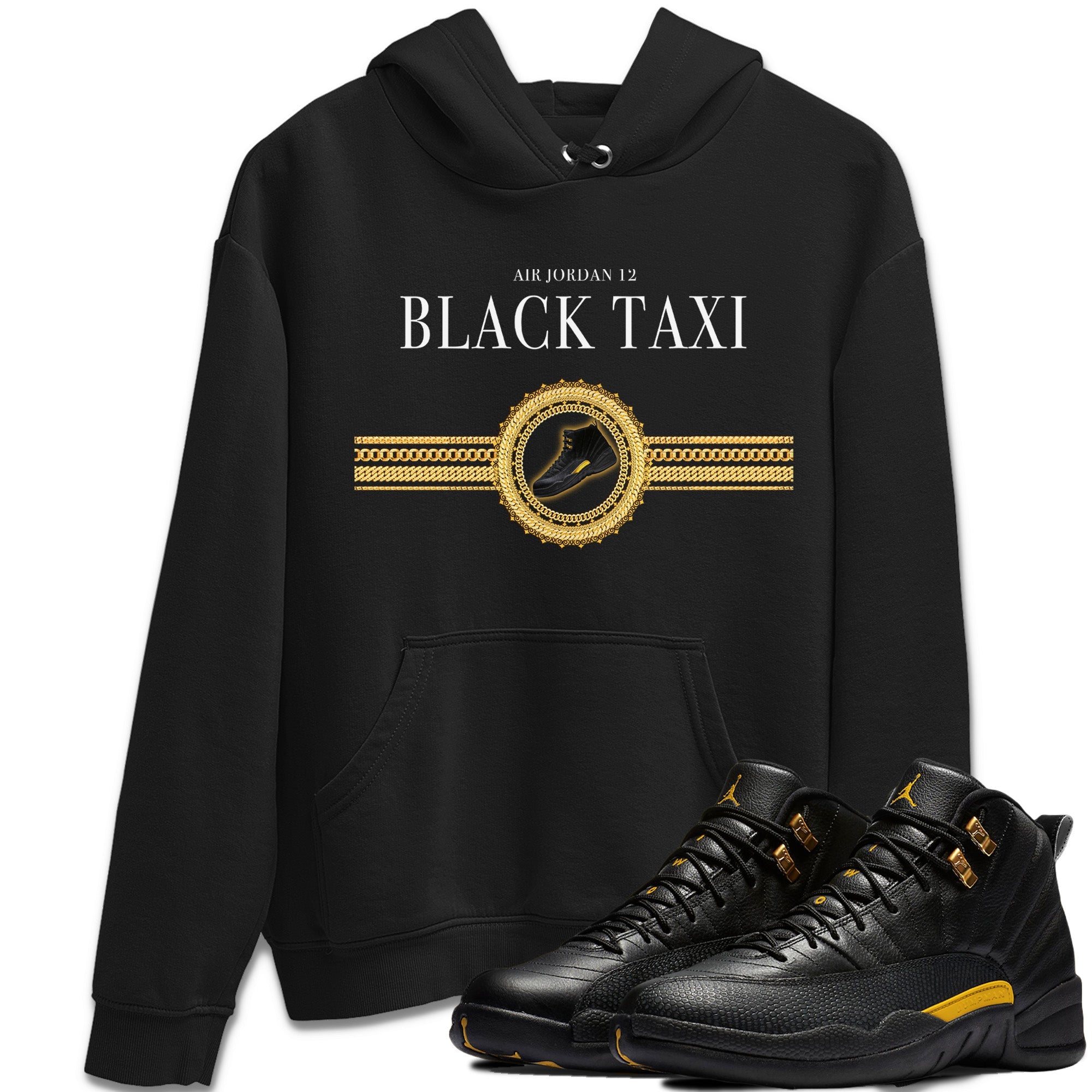 Jordan 12 Black Taxi Sneaker Matching T-Shirt Gold Chains Sneaker Tees Jordan 12 Black Taxi Sneaker Release Tees Crew Neck Tees