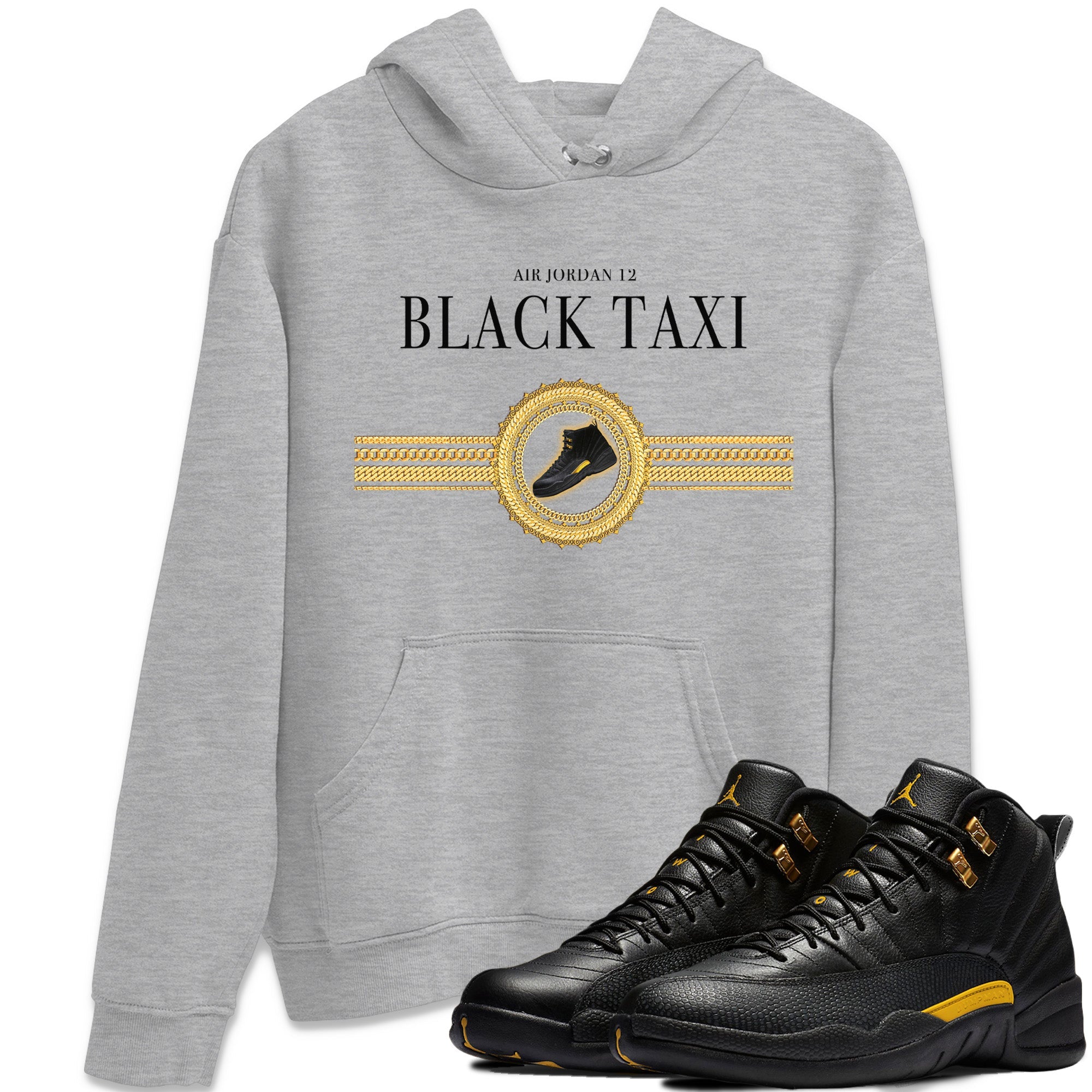 Jordan 12 Black Taxi Sneaker Matching T-Shirt Gold Chains Sneaker Tees Jordan 12 Black Taxi Sneaker Release Tees Crew Neck Tees