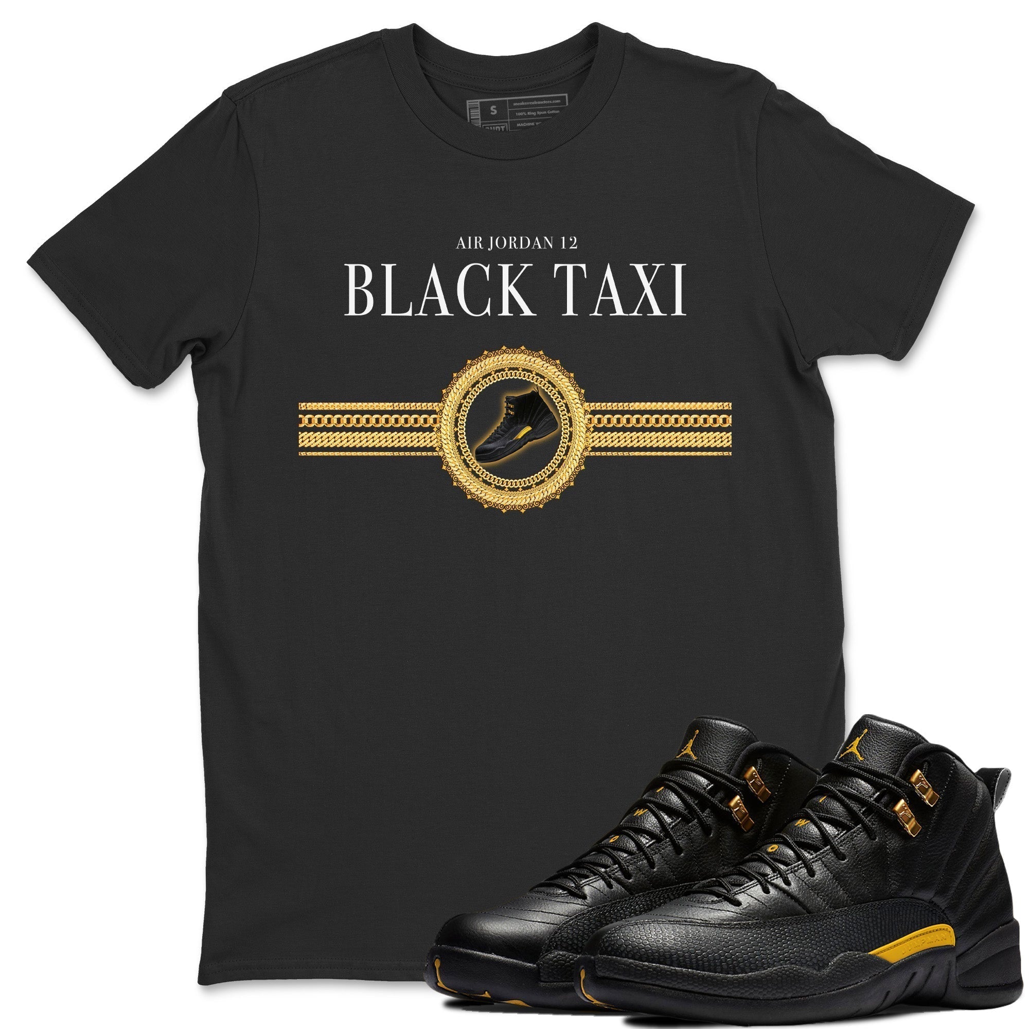 Jordan 12 Black Taxi Sneaker Matching T-Shirt Gold Chains Sneaker Tees Jordan 12 Black Taxi Sneaker Release Tees Crew Neck Tees