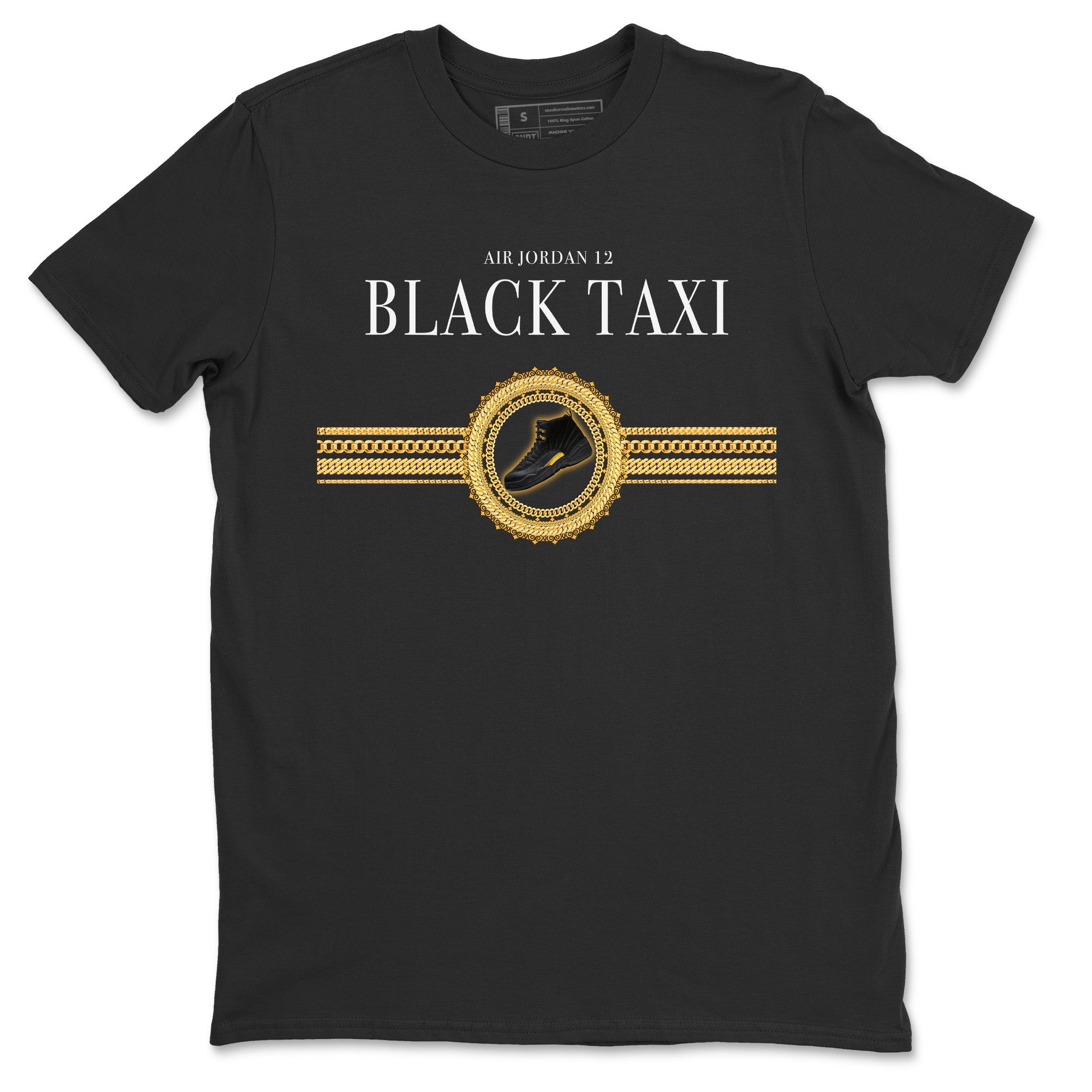 Jordan 12 Black Taxi Sneaker Matching T-Shirt Gold Chains Sneaker Tees Jordan 12 Black Taxi Sneaker Release Tees Crew Neck Tees