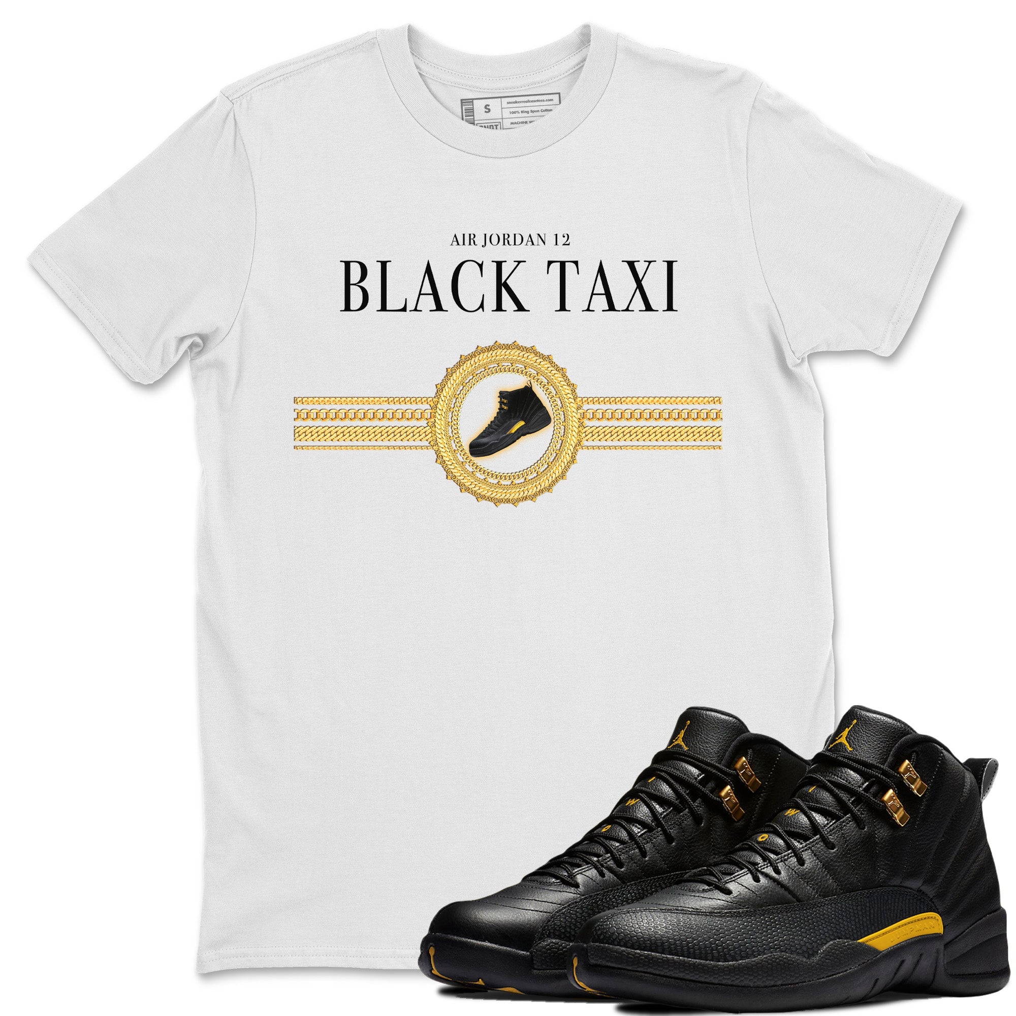 Jordan 12 Black Taxi Sneaker Matching T-Shirt Gold Chains Sneaker Tees Jordan 12 Black Taxi Sneaker Release Tees Crew Neck Tees