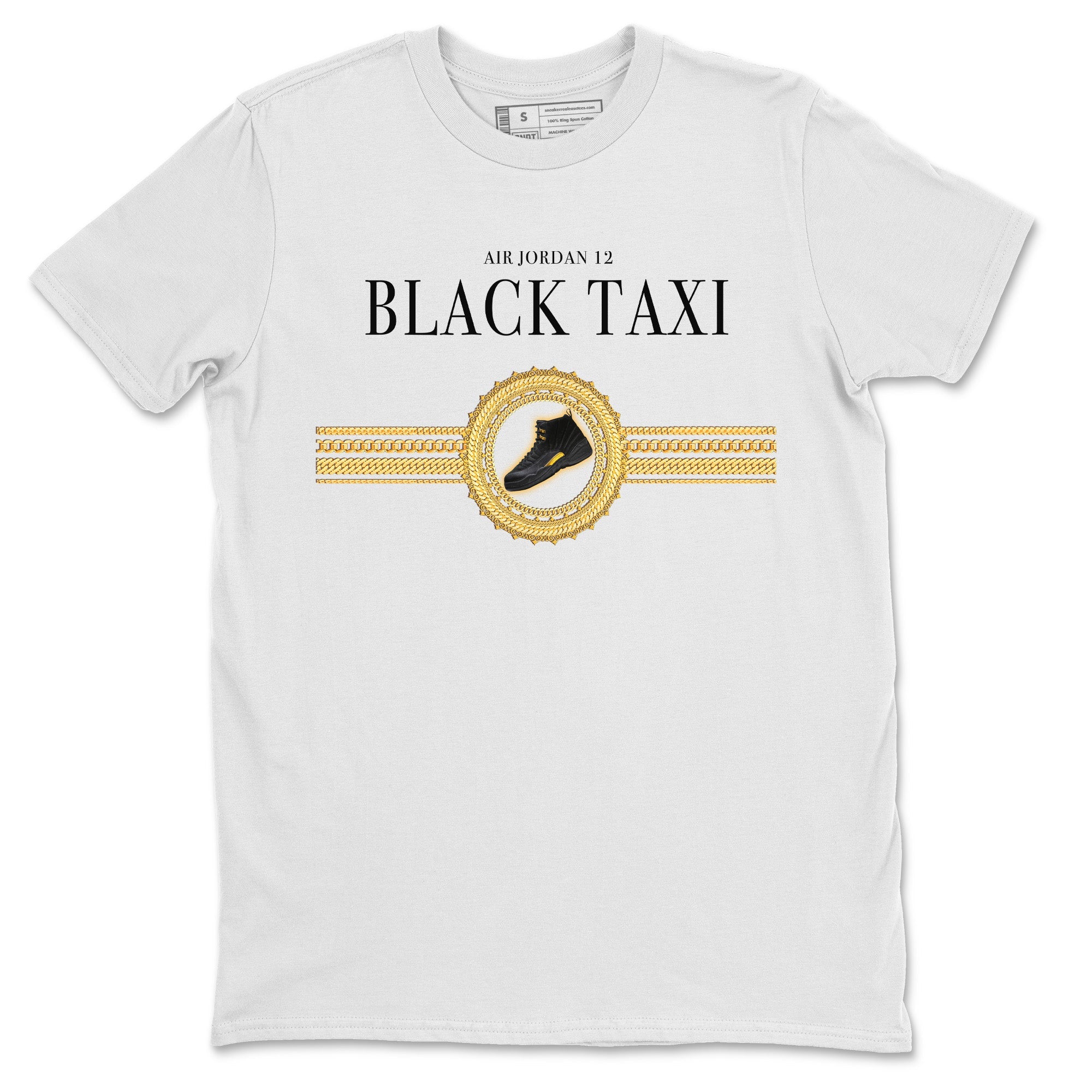 Jordan 12 Black Taxi Sneaker Matching T-Shirt Gold Chains Sneaker Tees Jordan 12 Black Taxi Sneaker Release Tees Crew Neck Tees