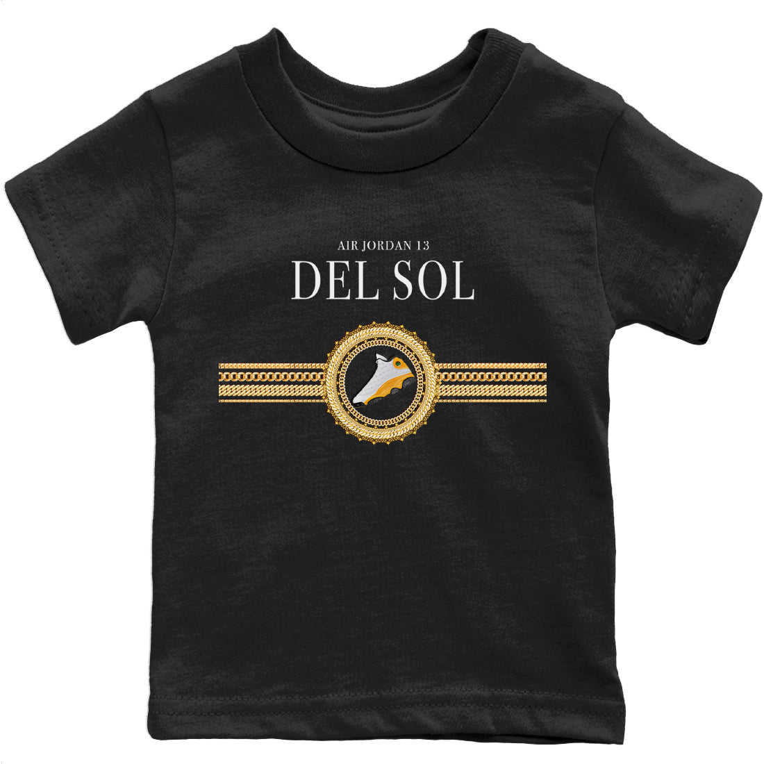 Jordan 13 Del Sol Sneaker Matching T-Shirt Gold Chains Sneaker Tees Jordan 13 Del Sol Sneaker Release Tees Kids Shirts