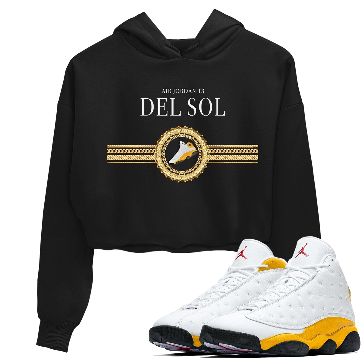 Jordan 13 Del Sol Sneaker Matching T-Shirt Gold Chains Sneaker Tees Jordan 13 Del Sol Sneaker Release Tees Women's Shirts