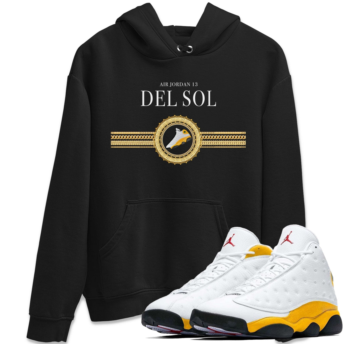 Jordan 13 Del Sol Sneaker Matching T-Shirt Gold Chains Sneaker Tees Jordan 13 Del Sol Sneaker Release Tees Crew Neck Tees