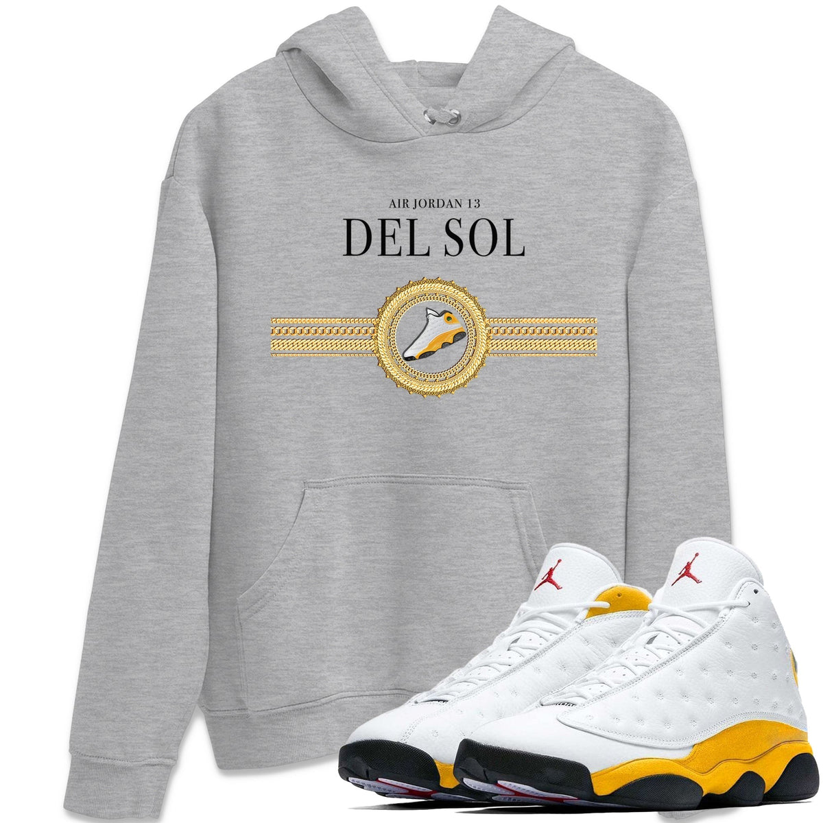 Jordan 13 Del Sol Sneaker Matching T-Shirt Gold Chains Sneaker Tees Jordan 13 Del Sol Sneaker Release Tees Crew Neck Tees