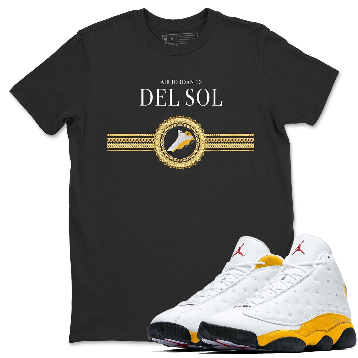 Jordan 13 Del Sol Sneaker Matching T-Shirt Gold Chains Sneaker Tees Jordan 13 Del Sol Sneaker Release Tees Crew Neck Tees
