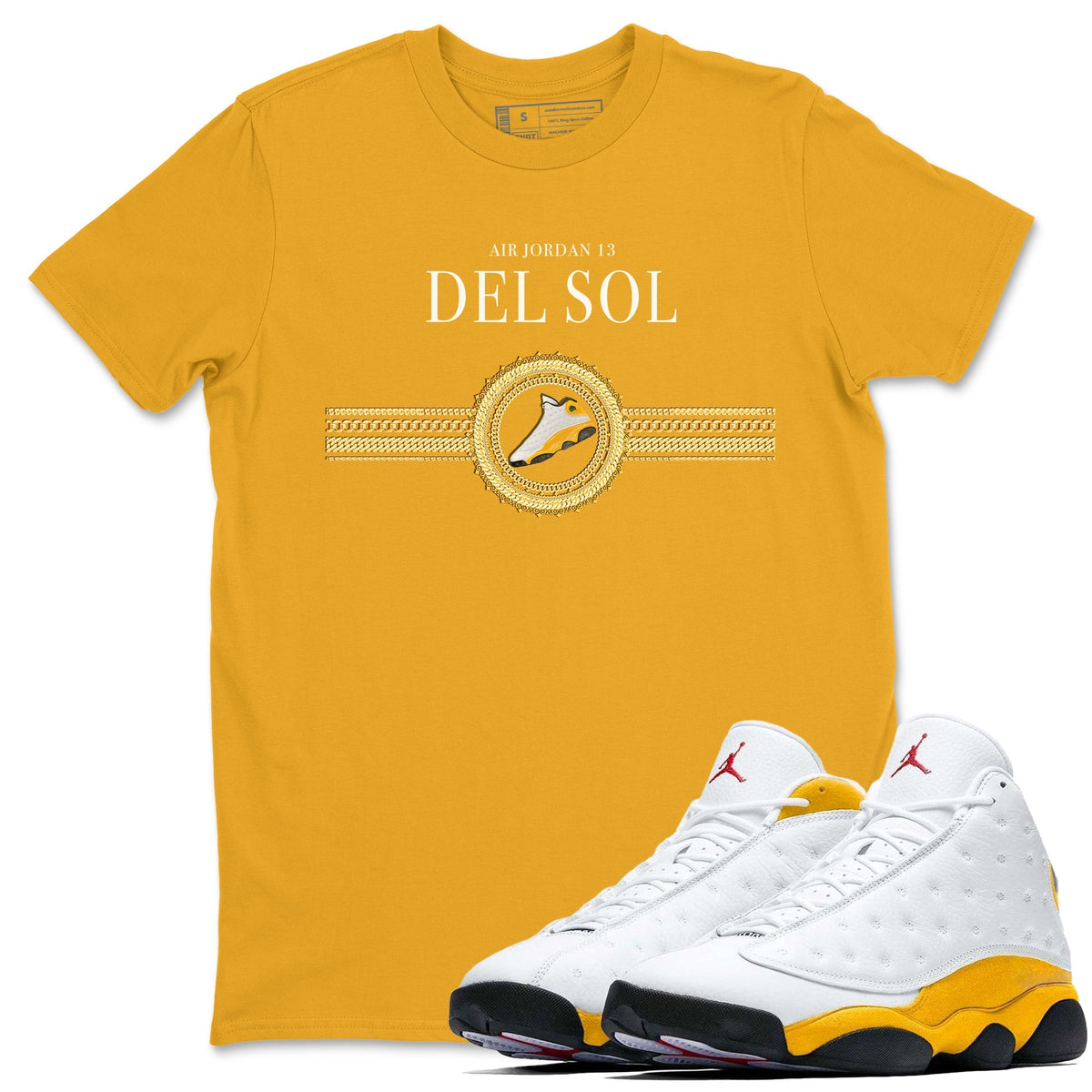 Jordan 13 Del Sol Sneaker Matching T-Shirt Gold Chains Sneaker Tees Jordan 13 Del Sol Sneaker Release Tees Crew Neck Tees
