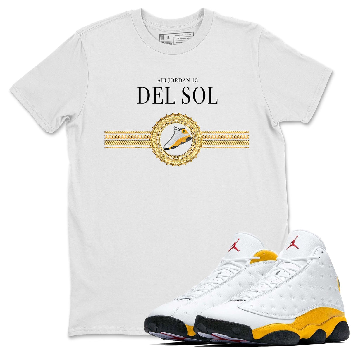 Jordan 13 Del Sol Sneaker Matching T-Shirt Gold Chains Sneaker Tees Jordan 13 Del Sol Sneaker Release Tees Crew Neck Tees