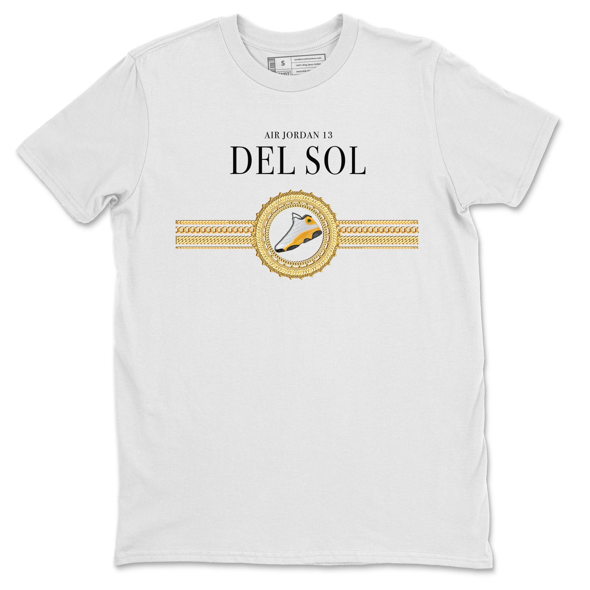 Jordan 13 Del Sol Sneaker Matching T-Shirt Gold Chains Sneaker Tees Jordan 13 Del Sol Sneaker Release Tees Crew Neck Tees