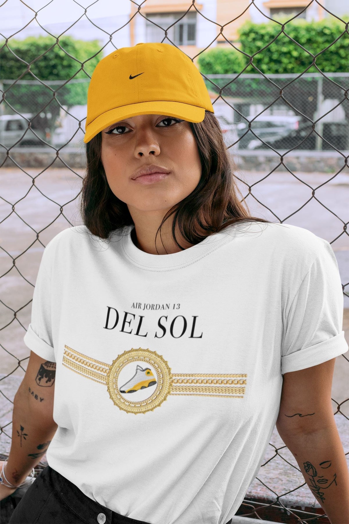 Jordan 13 Del Sol Sneaker Matching T-Shirt Gold Chains Sneaker Tees Jordan 13 Del Sol Sneaker Release Tees Crew Neck Tees