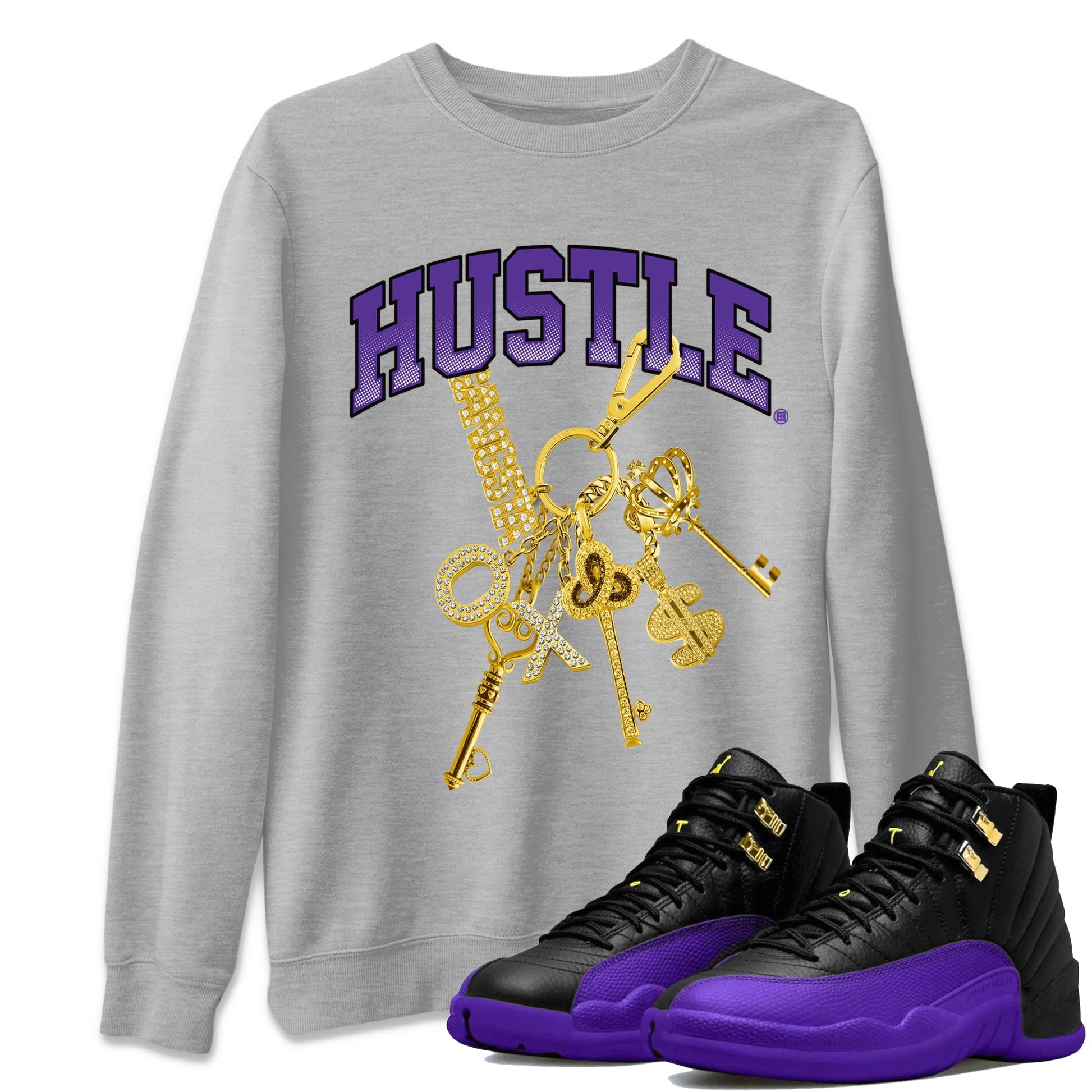 Air Jordan 12 Field Purple Sneaker Match Tees Gold Hustle Sneaker Tees Jordan Jordan 12 Lakers Sneaker Release Tees Unisex Shirts Heather Grey 1