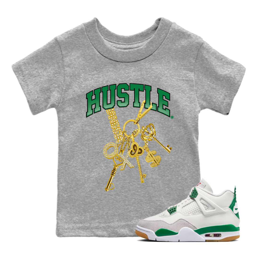Air Jordan 4 Pine Green Gold Hustle Baby and Kids Sneaker Tees Nike SB x Jordan 4 Pine Green Kids Sneaker Tees Size Chart
