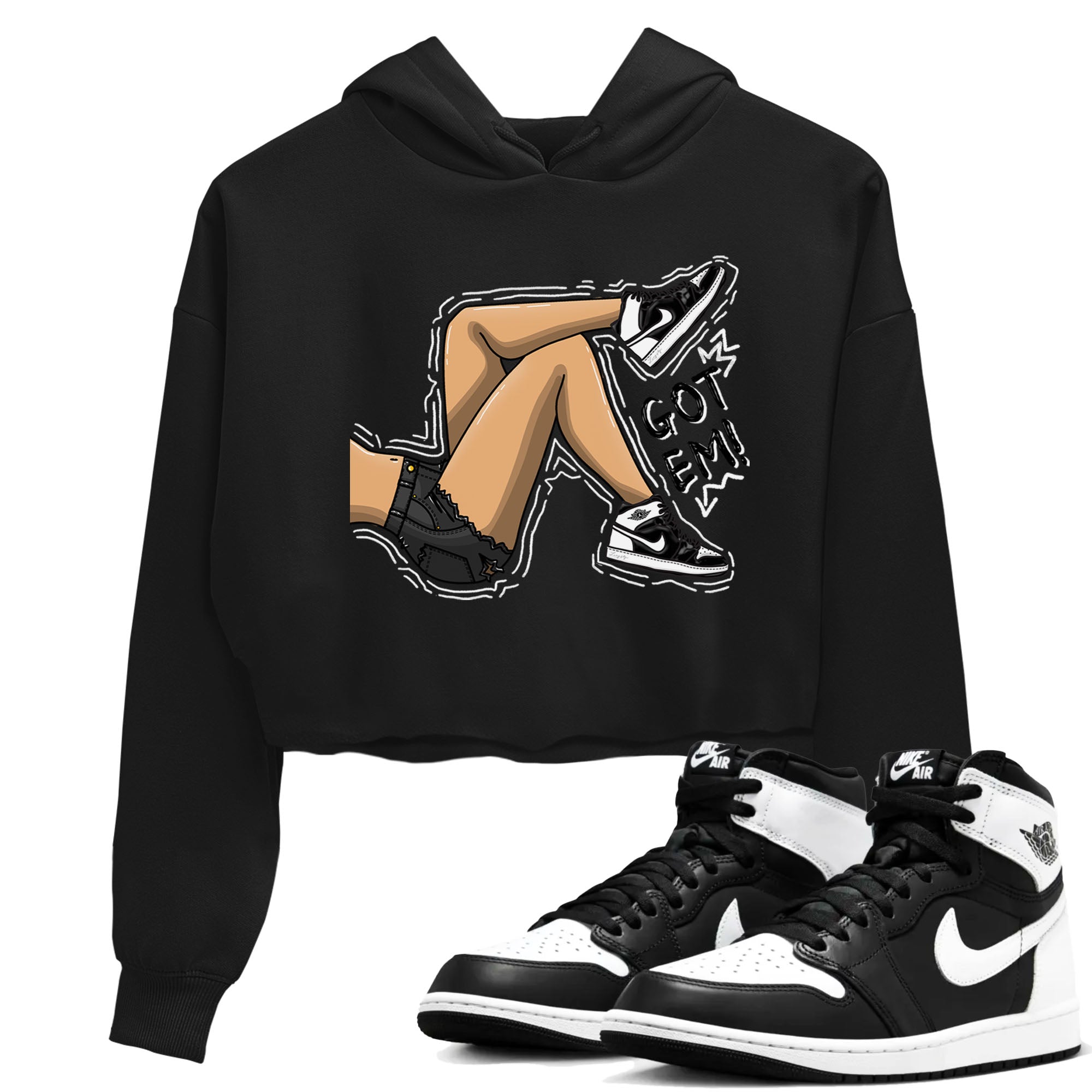 1s Black White shirt to match jordans Got Em Legs sneaker tees Air Jordan 1 Black White Drip Gear Zone Black 1 crop length shirt