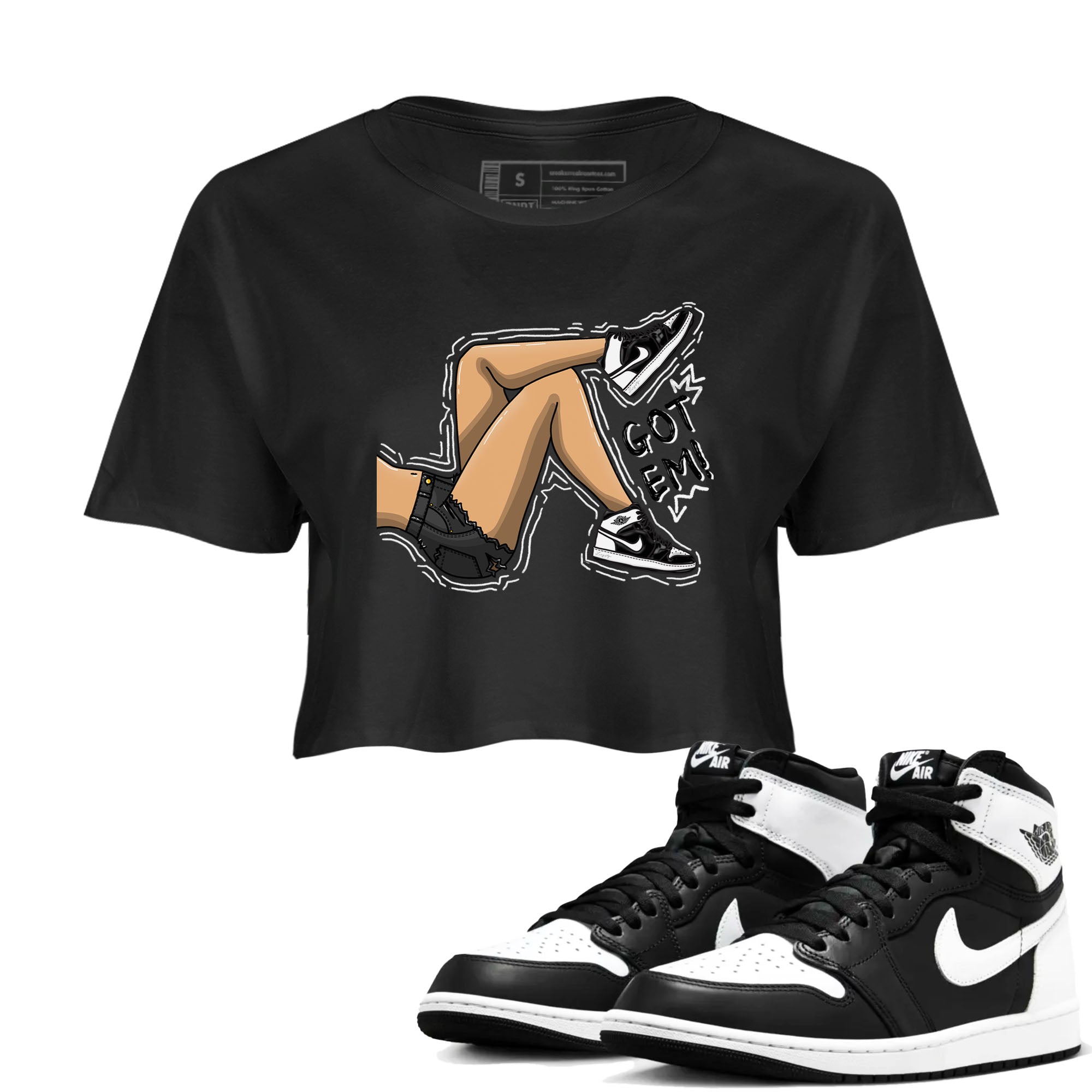 1s Black White shirt to match jordans Got Em Legs sneaker tees Air Jordan 1 Black White Drip Gear Zone Black 1 crop length shirt