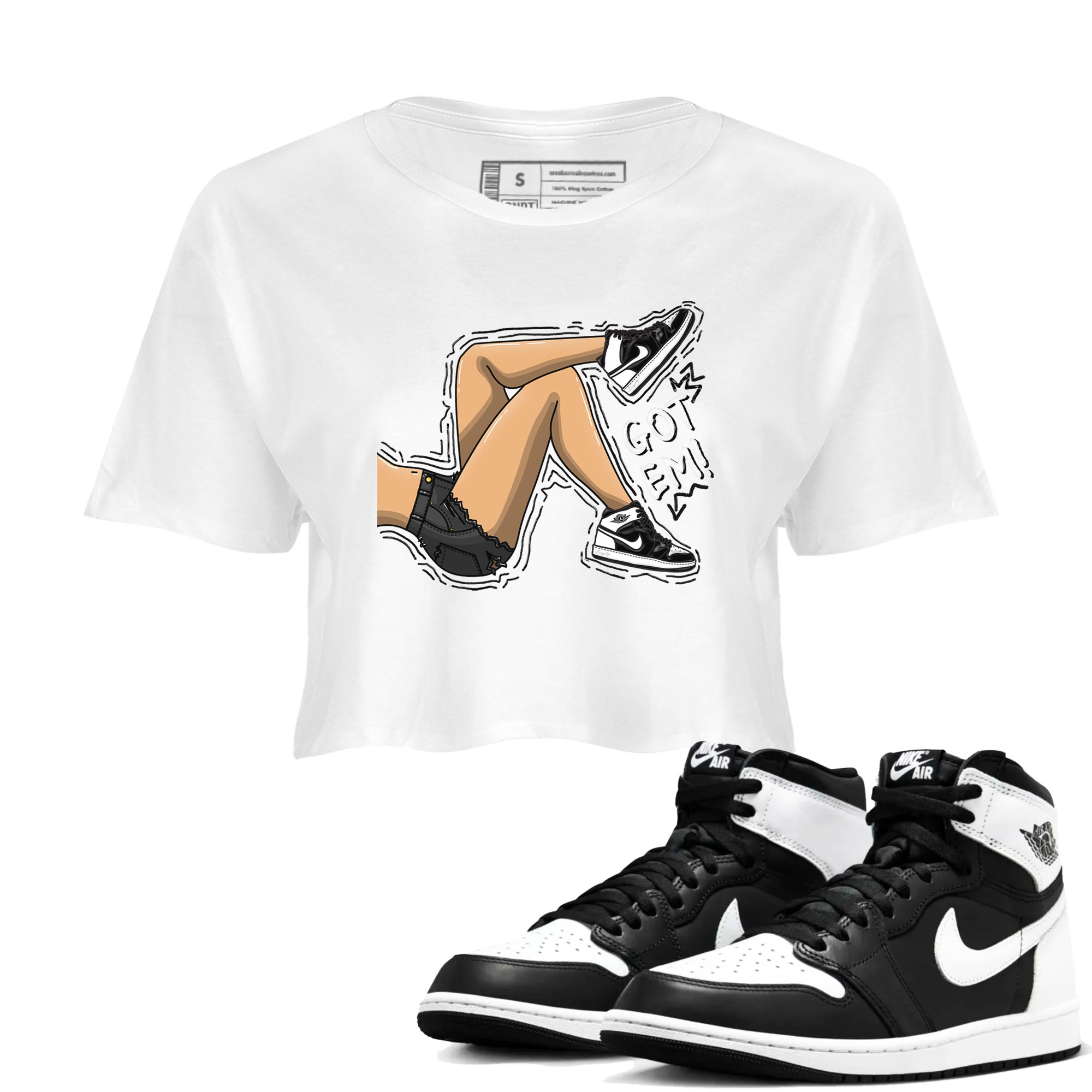 1s Black White shirt to match jordans Got Em Legs sneaker tees Air Jordan 1 Black White Drip Gear Zone White 1 crop length shirt