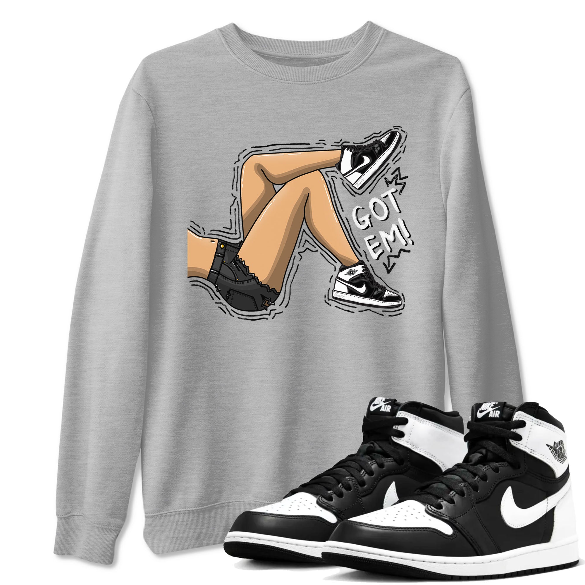 1s Black White shirt to match jordans Got Em Legs sneaker tees Air Jordan 1 Black White Drip Gear Zone unisex cotton Heather Grey 1 crew neck shirt