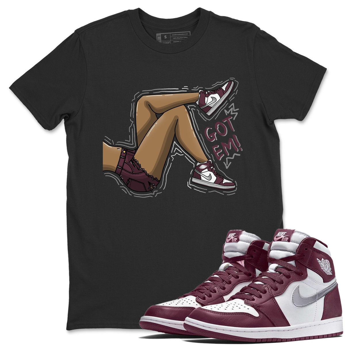 Jordan 1 Bordeaux Sneaker Matching T-Shirt Got Em Legs Sneaker Tees Jordan 1 Bordeaux Sneaker Release Tees Crew Neck Tees