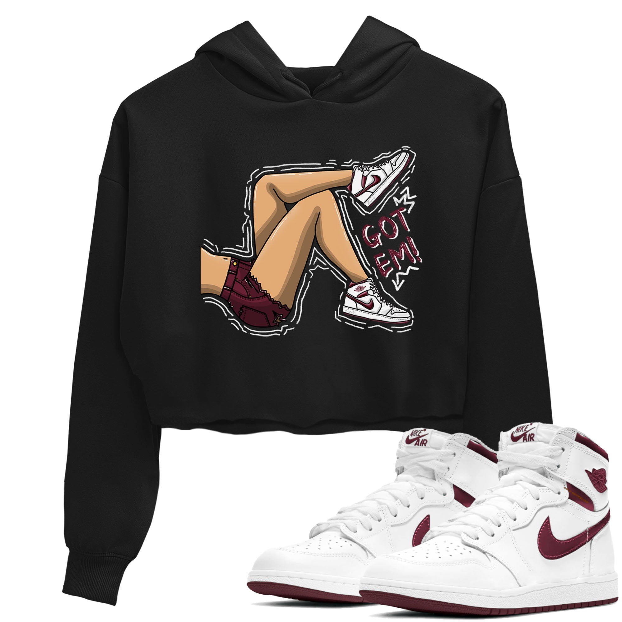 AJ1 Metalic Burgundy shirt to match jordans Got Em Legs sneaker tees Air Jordan 1 Metalic Burgundy Drip Gear Zone Black 1 crop length shirt