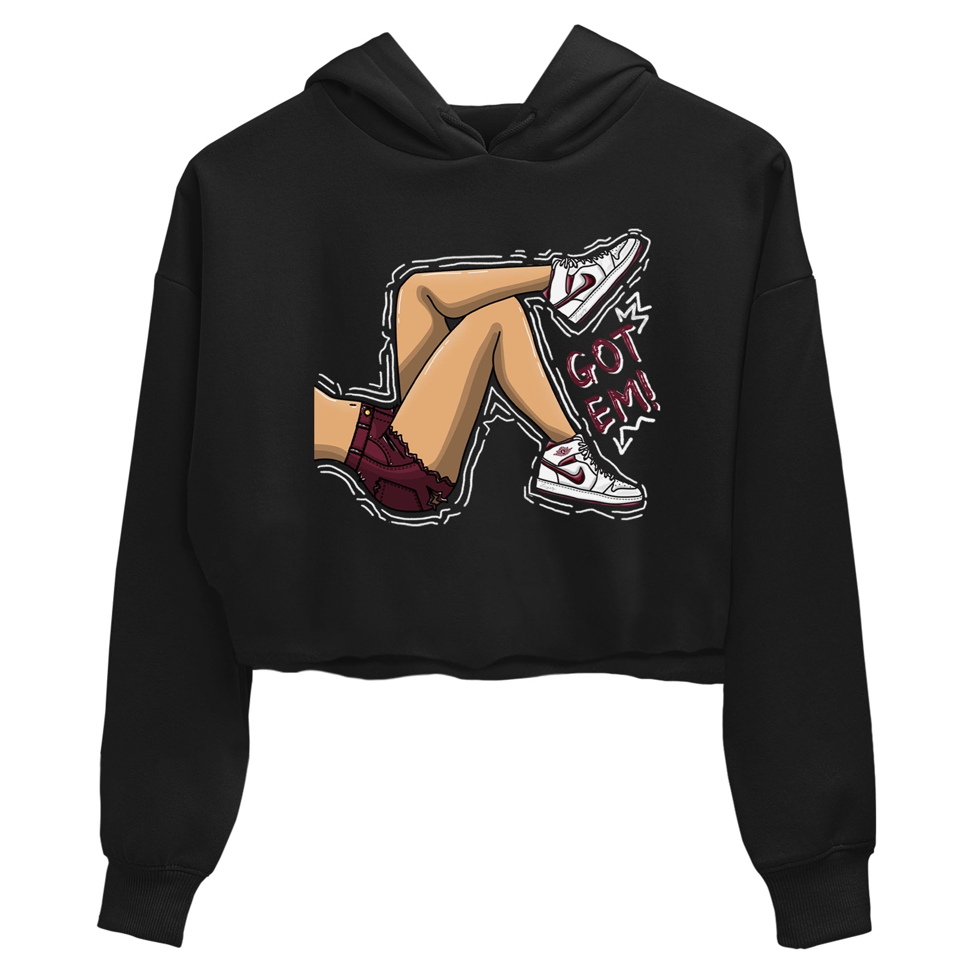 AJ1 Metalic Burgundy shirt to match jordans Got Em Legs sneaker tees Air Jordan 1 Metalic Burgundy Drip Gear Zone Black 2 crop length shirt
