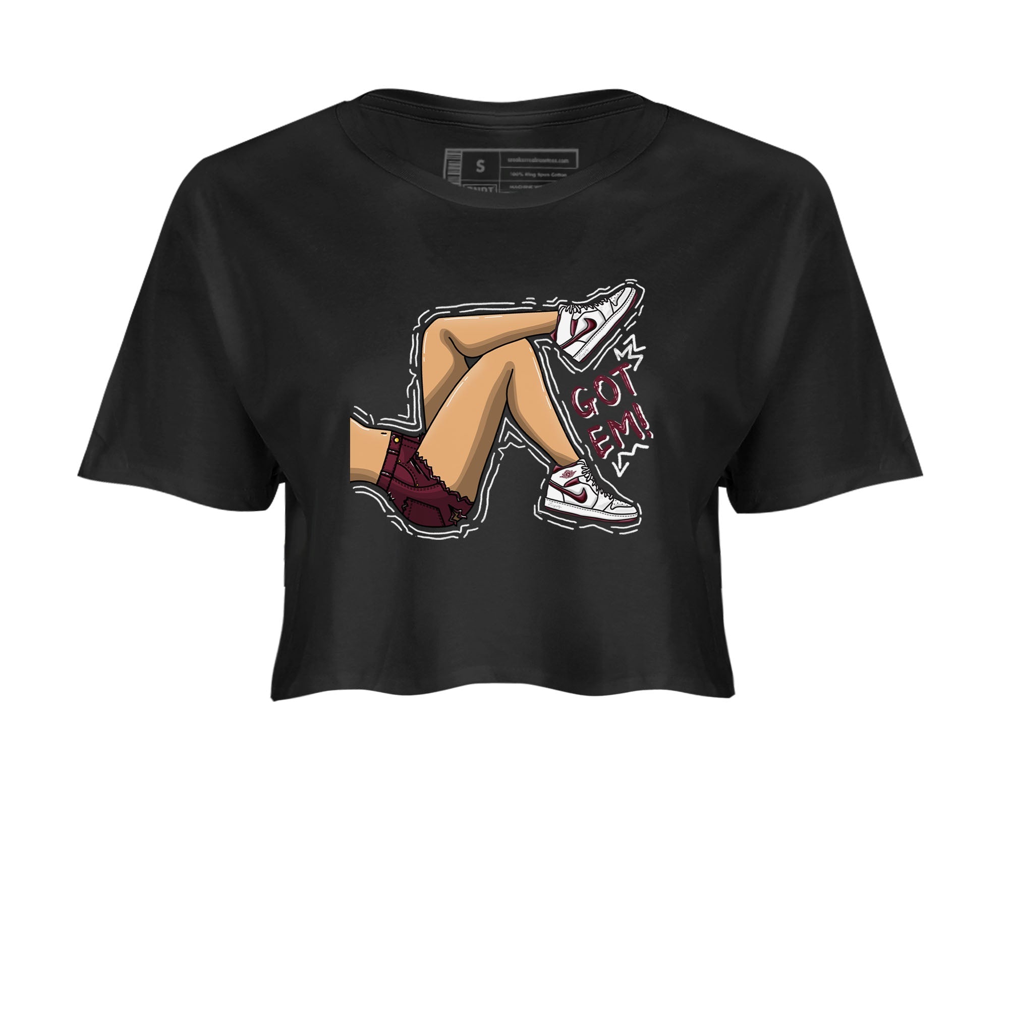 AJ1 Metalic Burgundy shirt to match jordans Got Em Legs sneaker tees Air Jordan 1 Metalic Burgundy Drip Gear Zone Black 2 crop length shirt