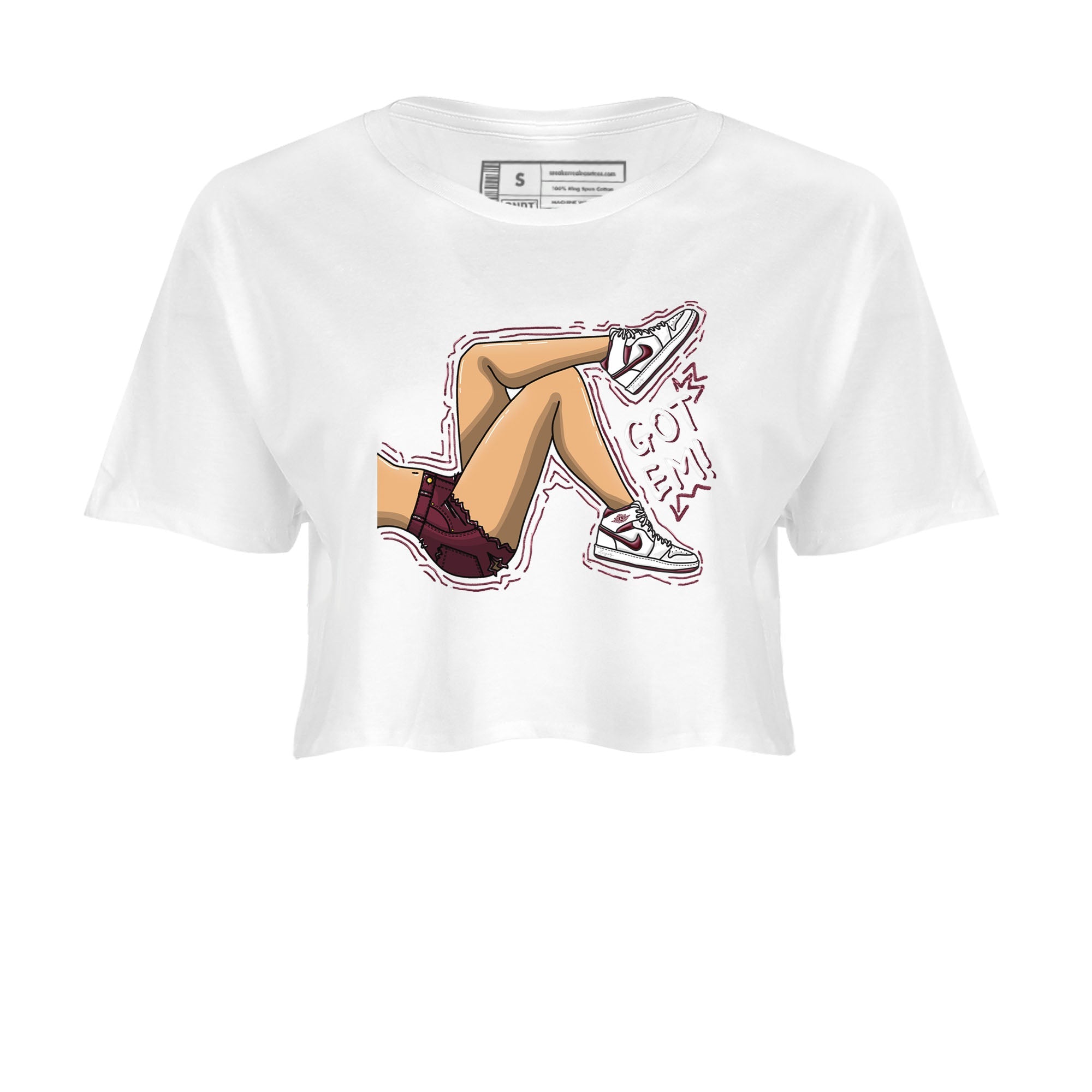 AJ1 Metalic Burgundy shirt to match jordans Got Em Legs sneaker tees Air Jordan 1 Metalic Burgundy Drip Gear Zone White 2 crop length shirt