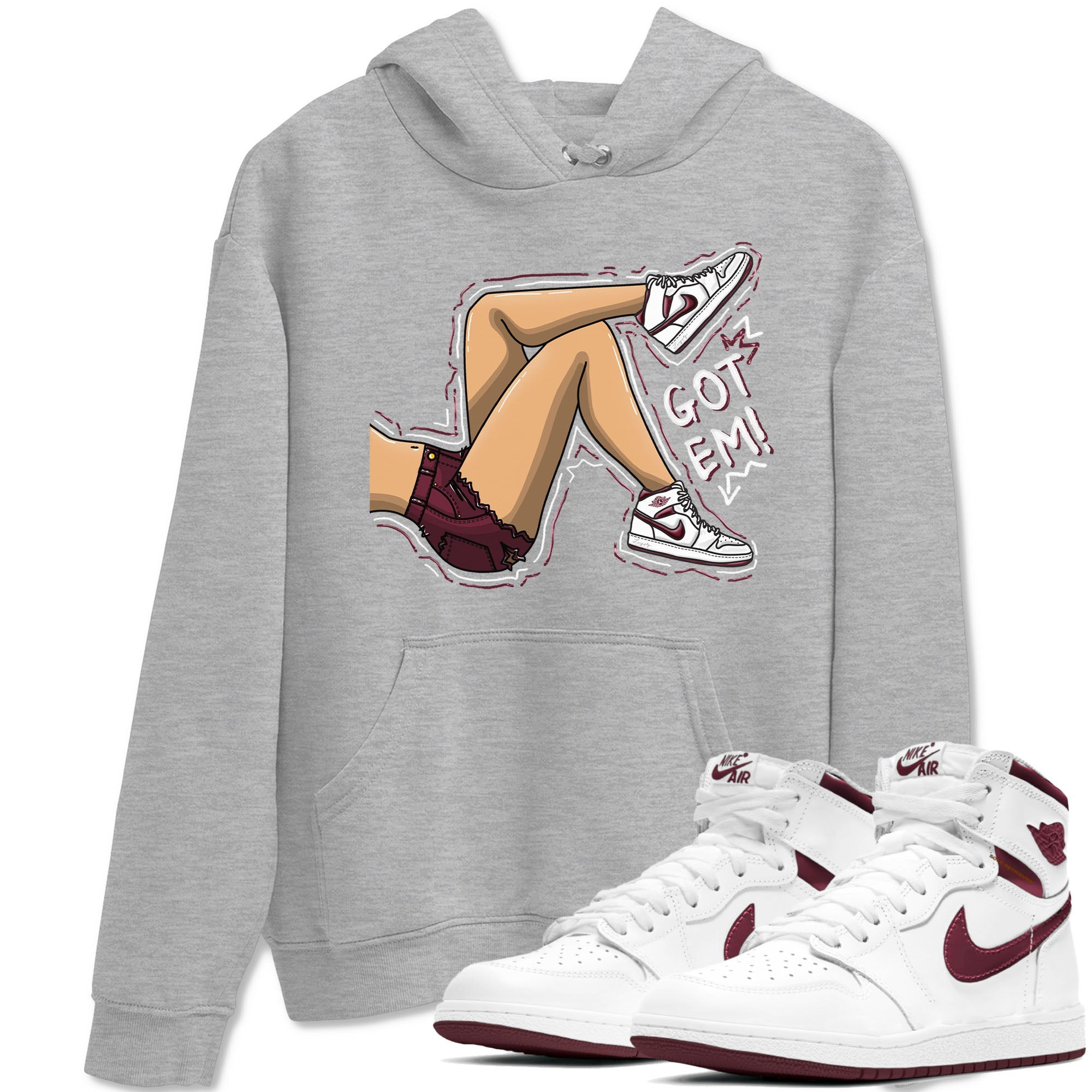 AJ1 Metalic Burgundy shirt to match jordans Got Em Legs sneaker tees Air Jordan 1 Metalic Burgundy Drip Gear Zone unisex cotton Heather Grey 1 crew neck shirt