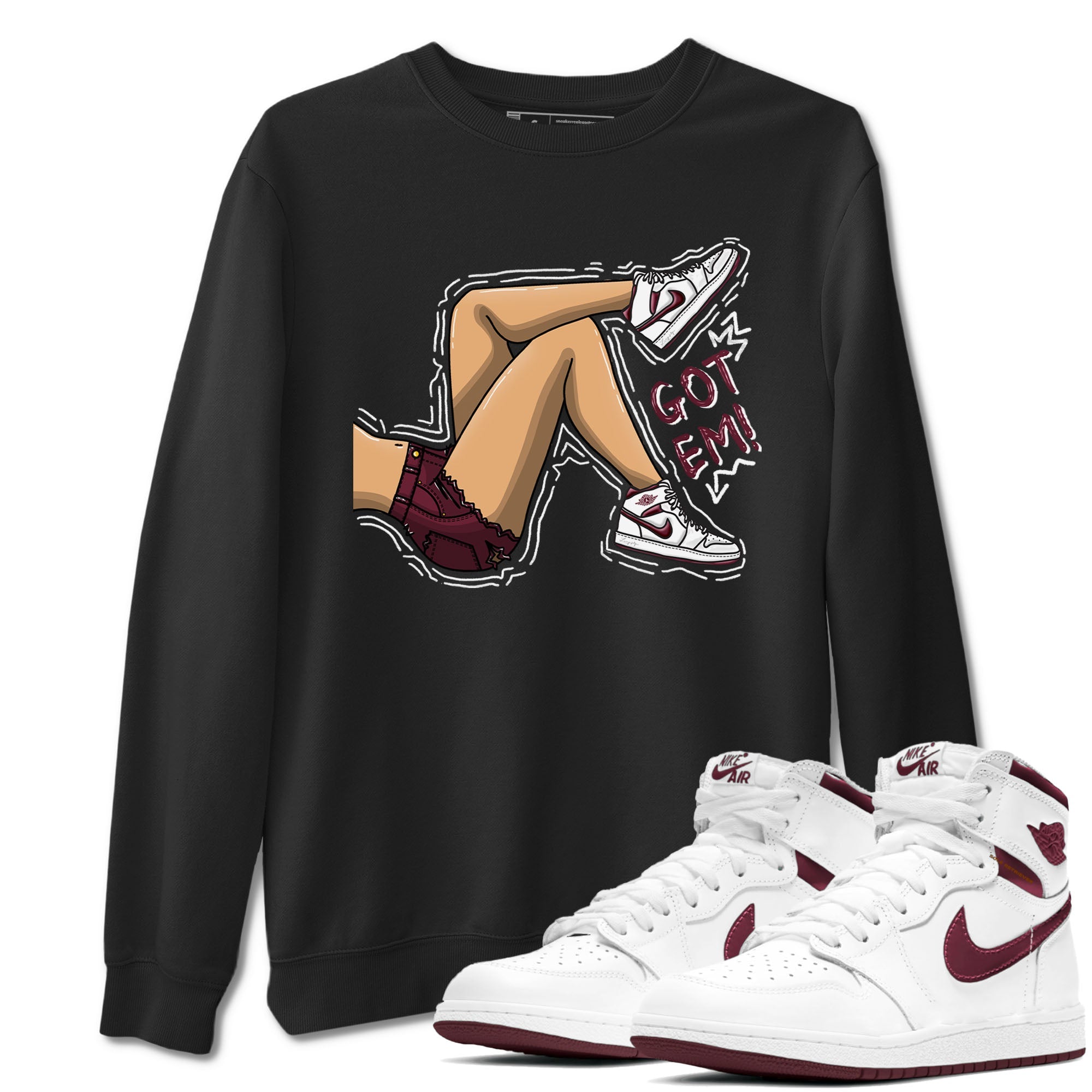 AJ1 Metalic Burgundy shirt to match jordans Got Em Legs sneaker tees Air Jordan 1 Metalic Burgundy Drip Gear Zone unisex cotton Black 1 crew neck shirt