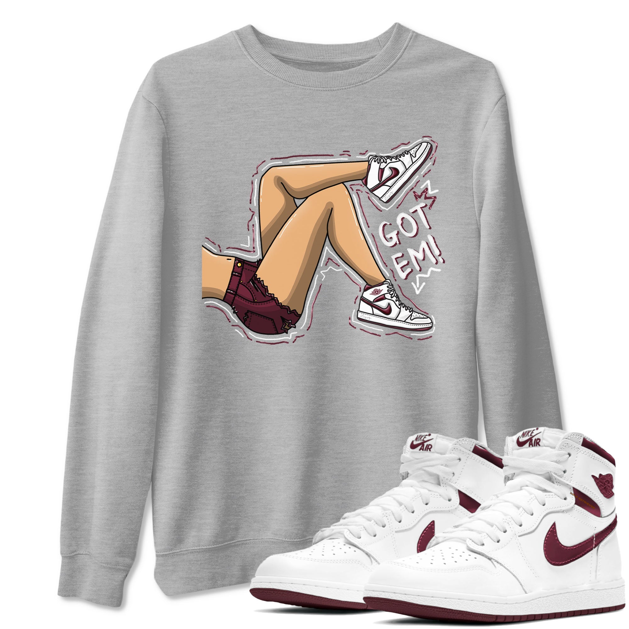 AJ1 Metalic Burgundy shirt to match jordans Got Em Legs sneaker tees Air Jordan 1 Metalic Burgundy Drip Gear Zone unisex cotton Heather Grey 1 crew neck shirt