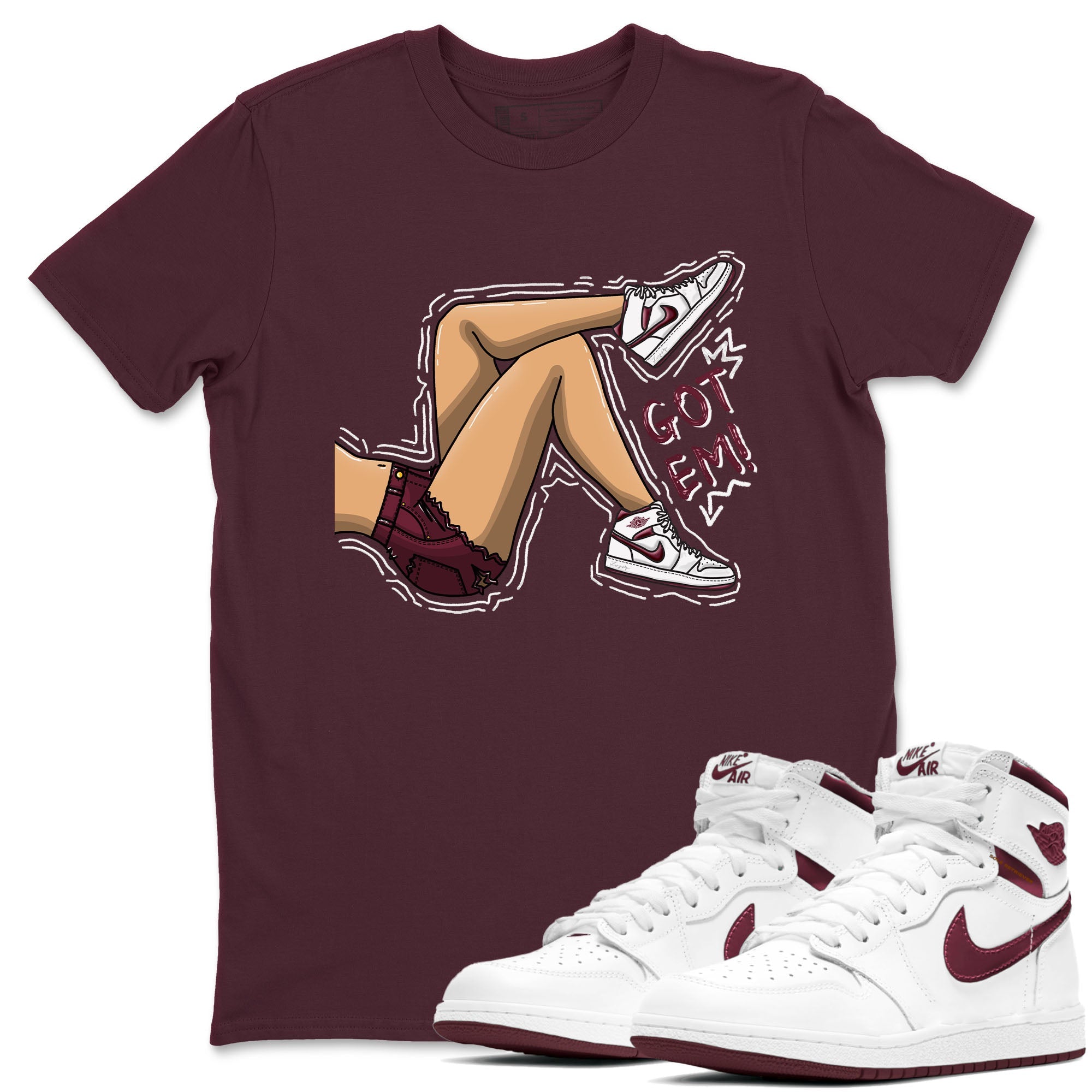 AJ1 Metalic Burgundy shirt to match jordans Got Em Legs sneaker tees Air Jordan 1 Metalic Burgundy Drip Gear Zone unisex cotton Maroon 1 crew neck shirt