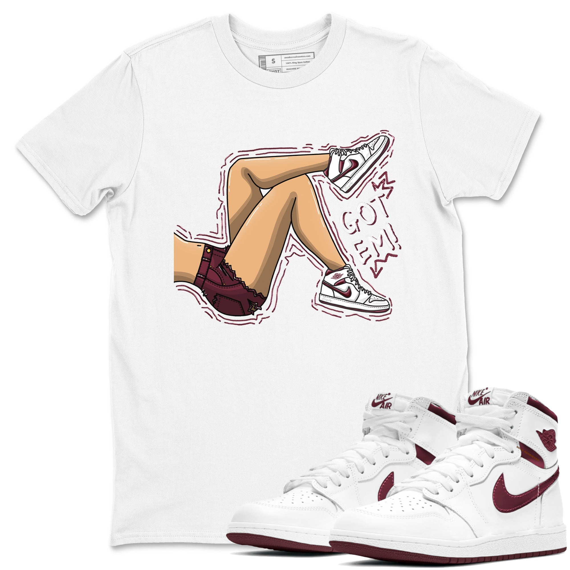 AJ1 Metalic Burgundy shirt to match jordans Got Em Legs sneaker tees Air Jordan 1 Metalic Burgundy Drip Gear Zone unisex cotton White 1 crew neck shirt