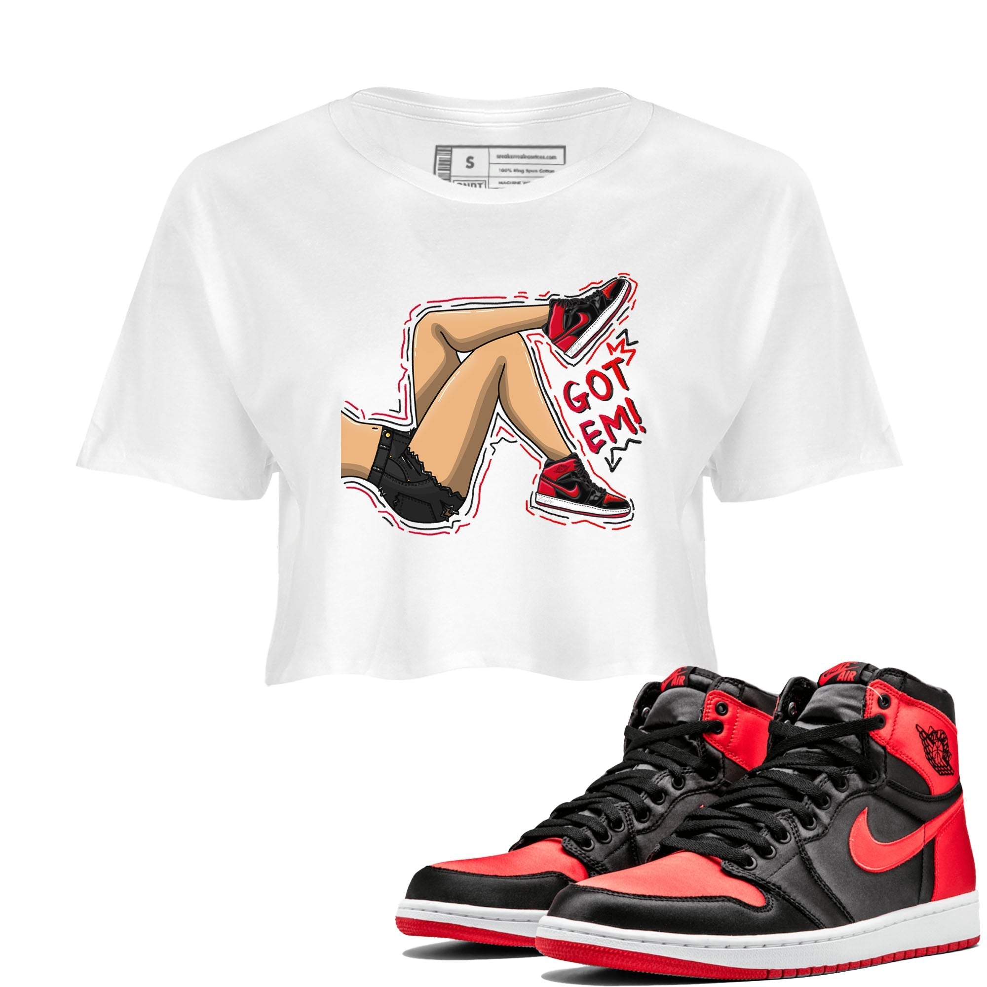 Air Jordan 1 Satin Bred shirt to match jordans Got Em Legs sneaker tees AJ1 Retro Satin Bred Drip Gear Zone Sneaker Matching Clothing Brand White 1 Crop T-Shirt