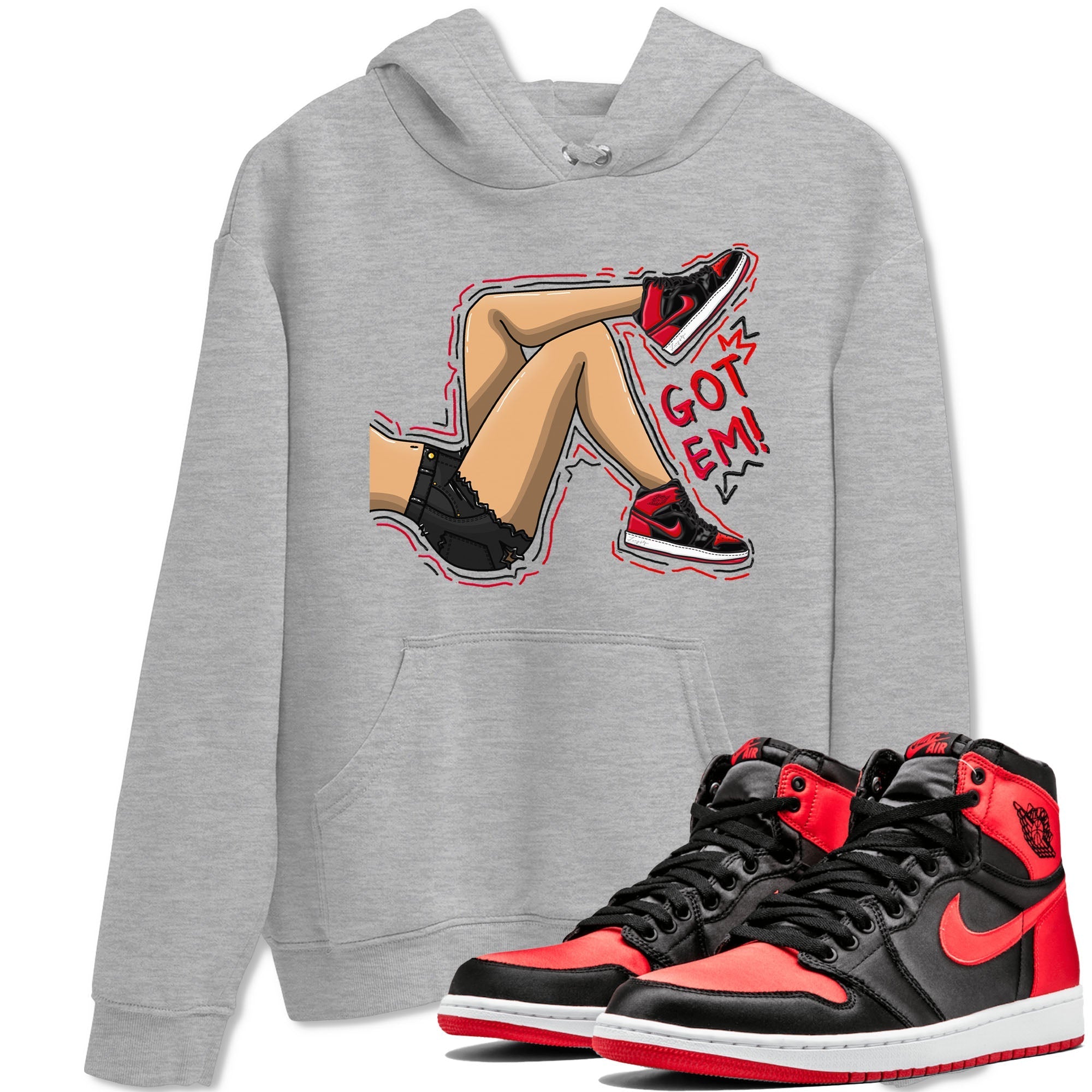 Air Jordan 1 Satin Bred shirt to match jordans Got Em Legs sneaker tees AJ1 Retro Satin Bred Drip Gear Zone Sneaker Matching Clothing Brand Unisex Sneaker Tee Heather Grey 1 T-Shirt
