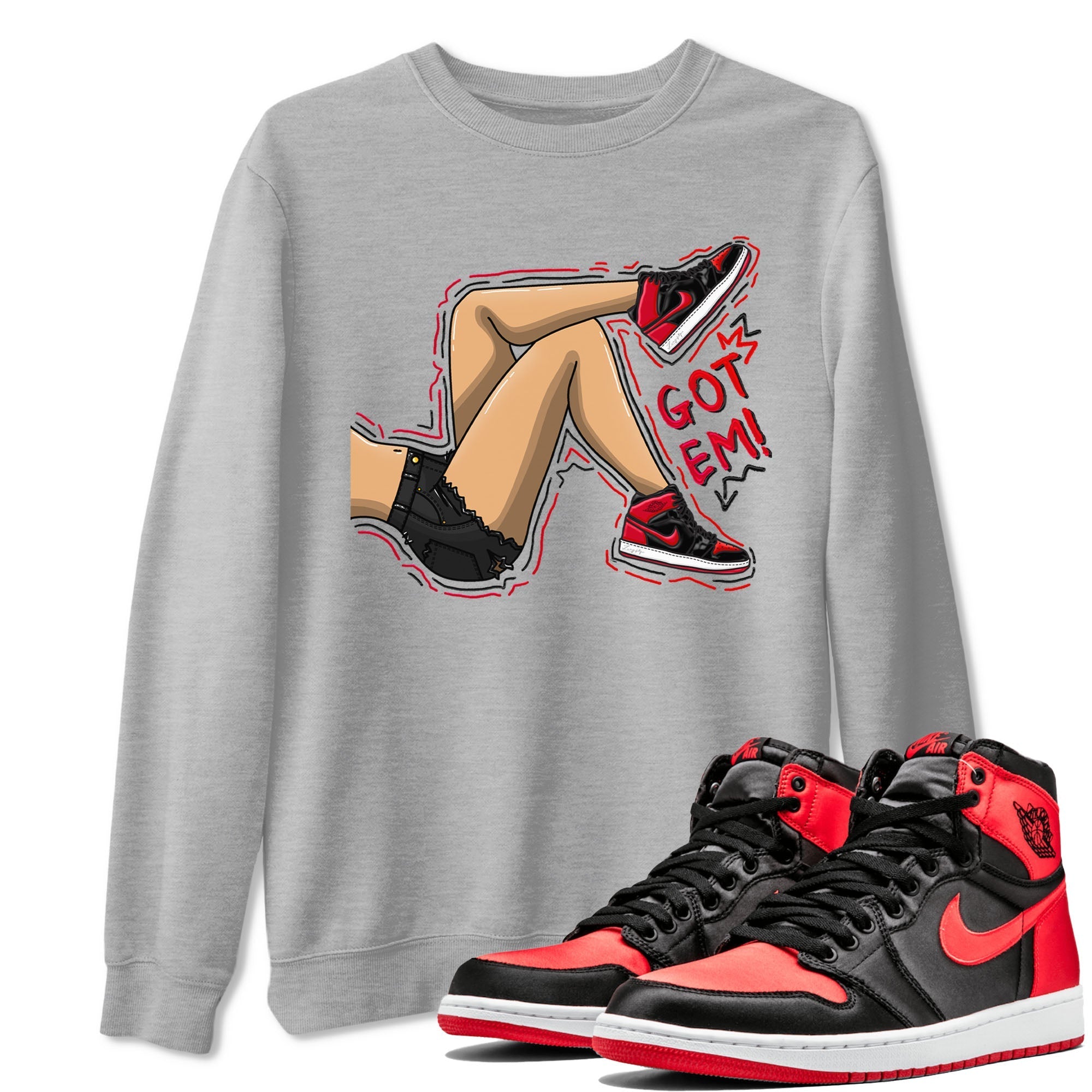 Air Jordan 1 Satin Bred shirt to match jordans Got Em Legs sneaker tees AJ1 Retro Satin Bred Drip Gear Zone Sneaker Matching Clothing Brand Unisex Sneaker Tee Heather Grey 1 T-Shirt