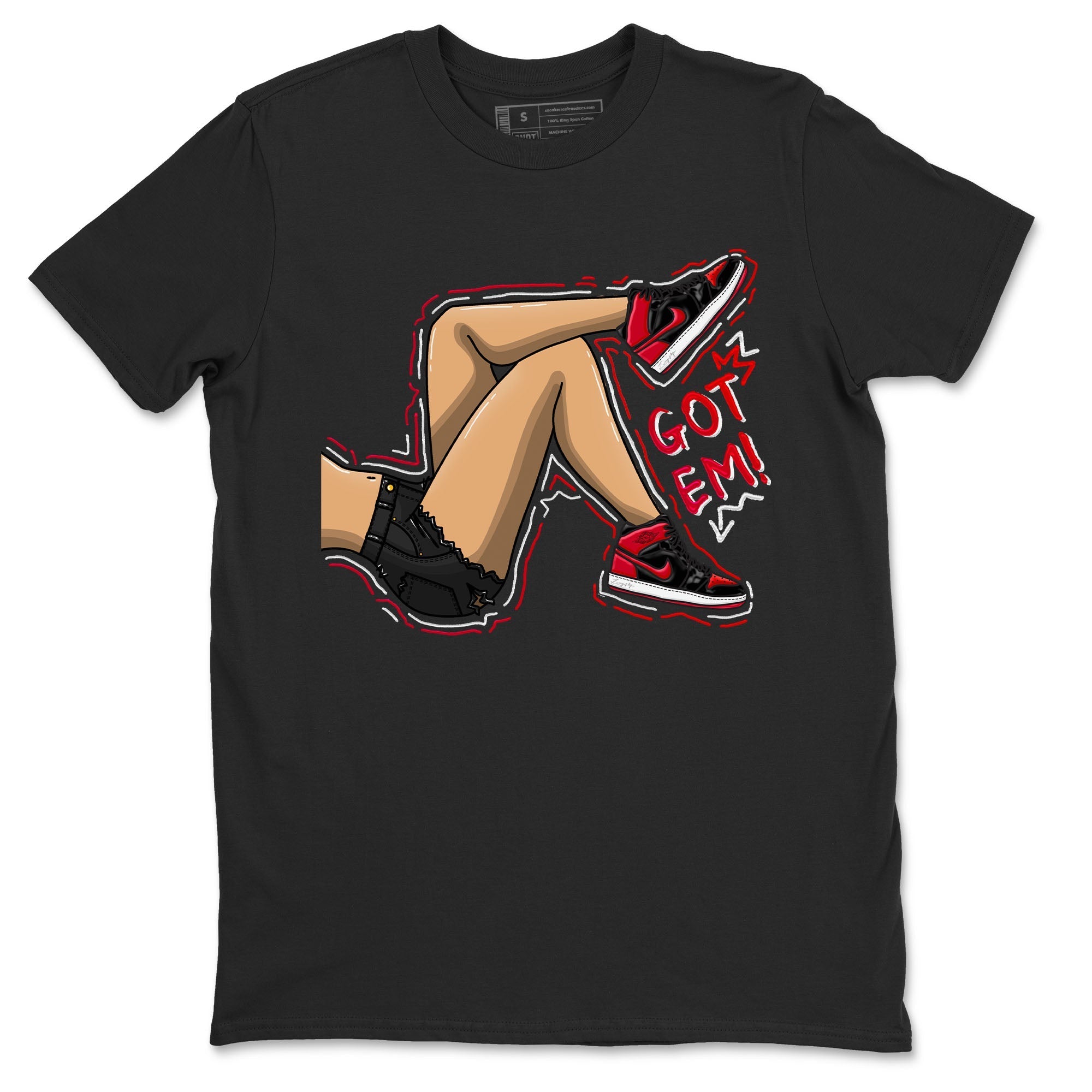 Air Jordan 1 Satin Bred shirt to match jordans Got Em Legs sneaker tees AJ1 Retro Satin Bred Drip Gear Zone Sneaker Matching Clothing Brand Unisex Sneaker Tee Black 2 T-Shirt