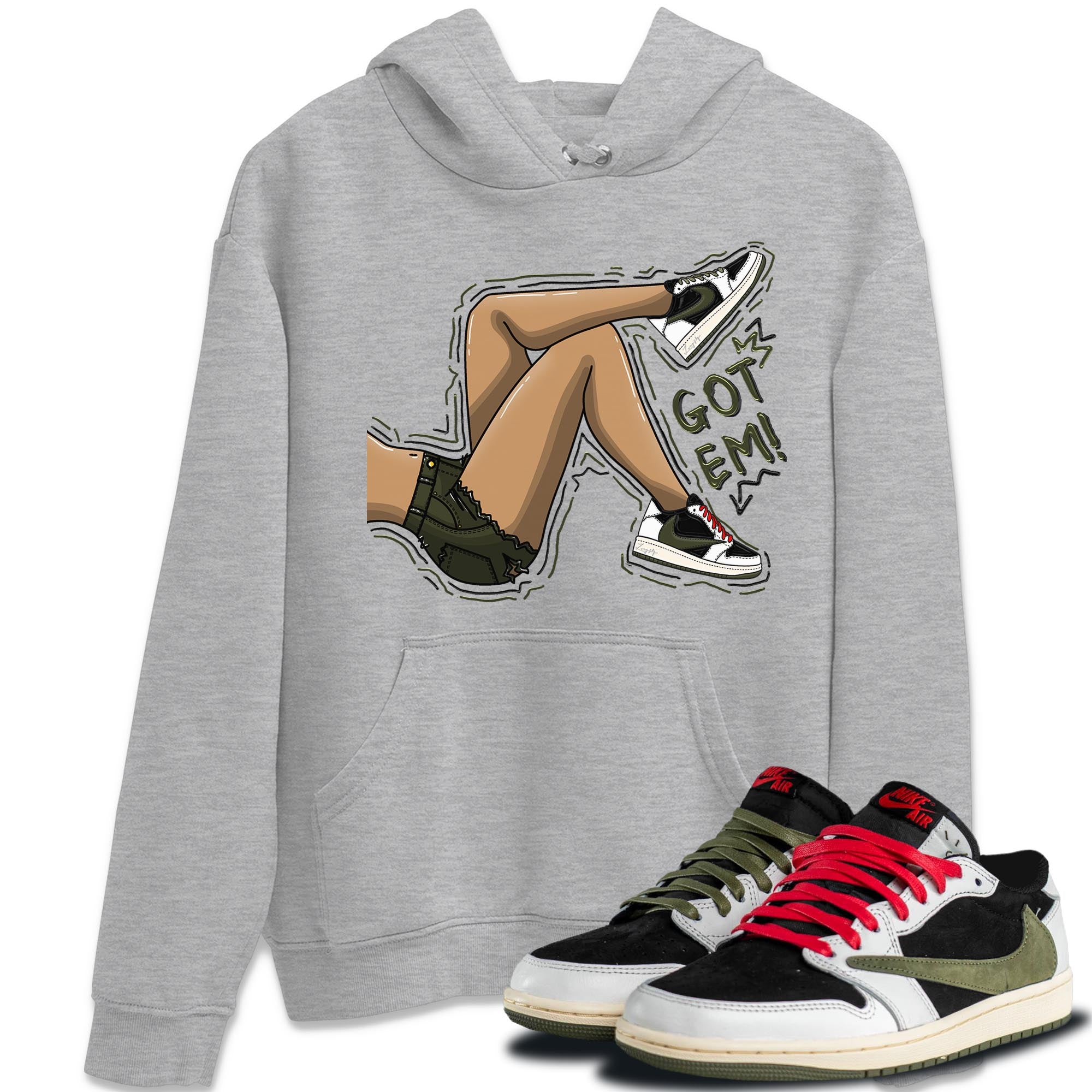 Air Jordan 1 Travis Scott Olive Sneaker Match Tees Got Em Legs Streetwear Sneaker Shirt AJ1 Travis Scott Olive Sneaker Release Tees Unisex Shirts Heather Grey 1