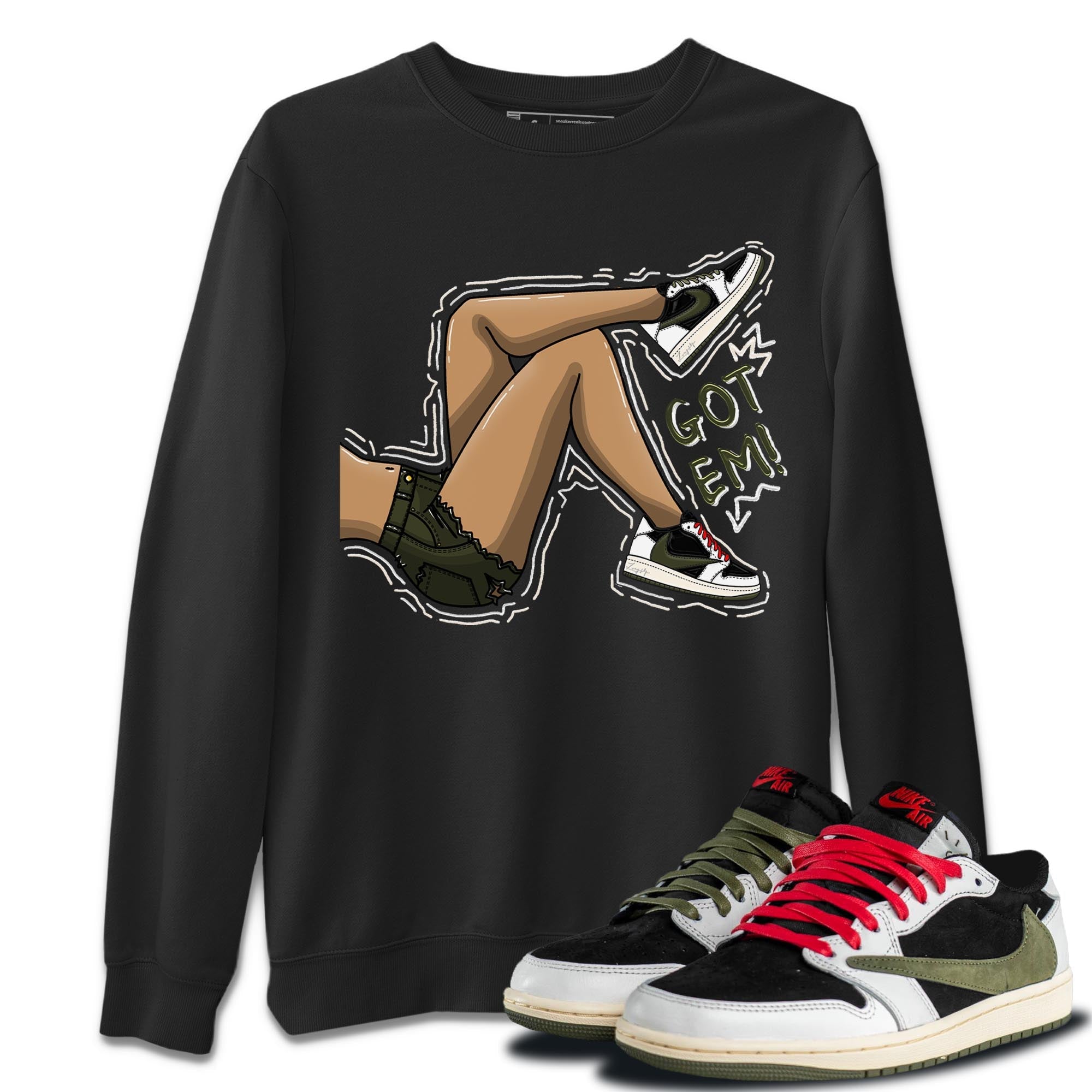 Air Jordan 1 Travis Scott Olive Got Em Legs Crew Neck Streetwear Sneaker Shirt AJ1 Travis Scott Olive Sneaker T-Shirts Size Chart