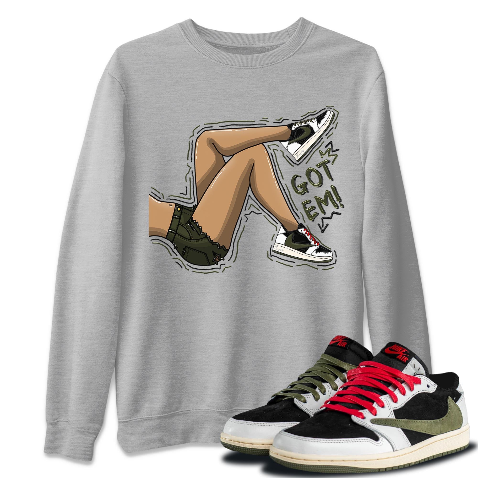 Air Jordan 1 Travis Scott Olive Got Em Legs Crew Neck Streetwear Sneaker Shirt AJ1 Travis Scott Olive Sneaker T-Shirts Washing and Care Tip